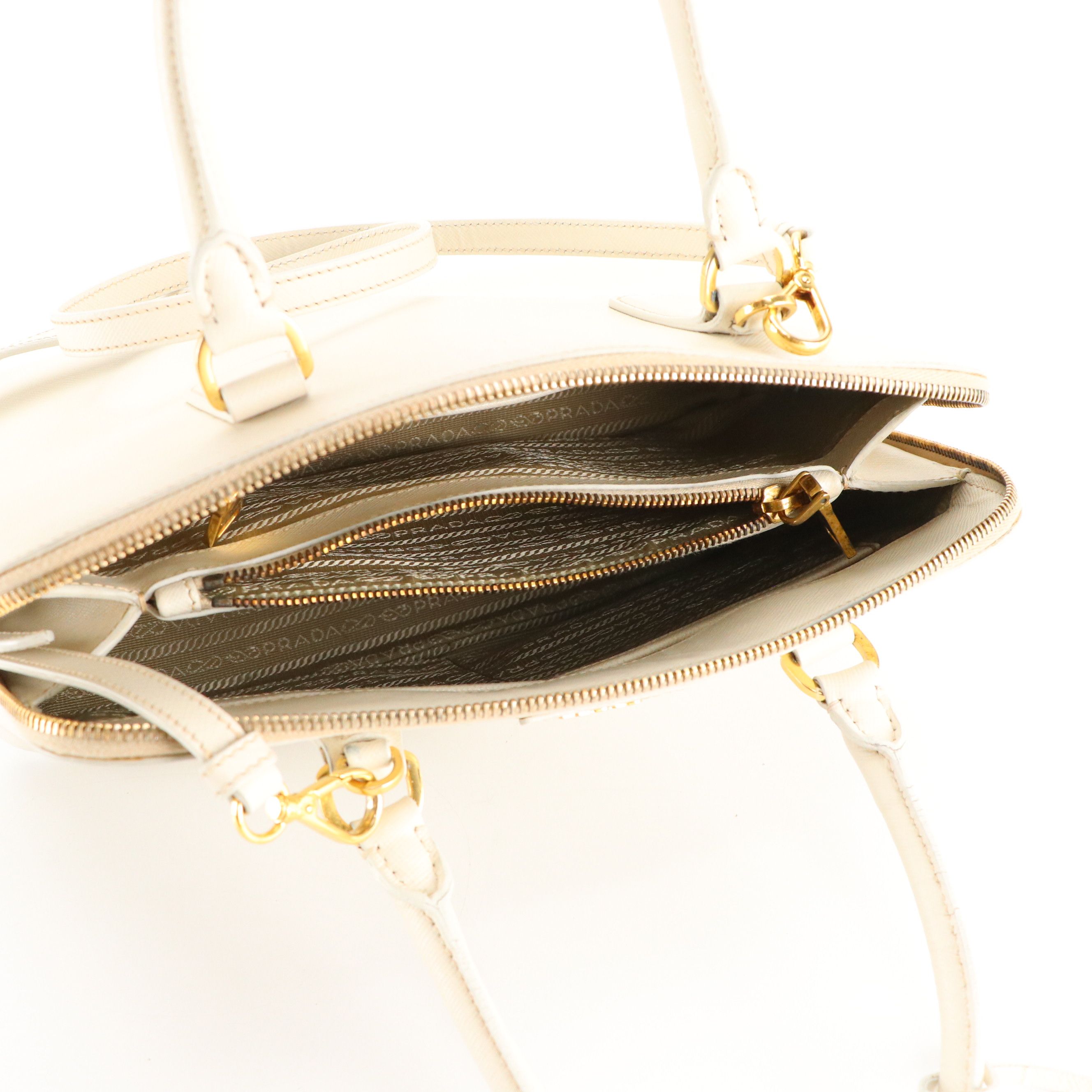 Prada Zippered Two-Way Tote in Ivory Saffiano Leather