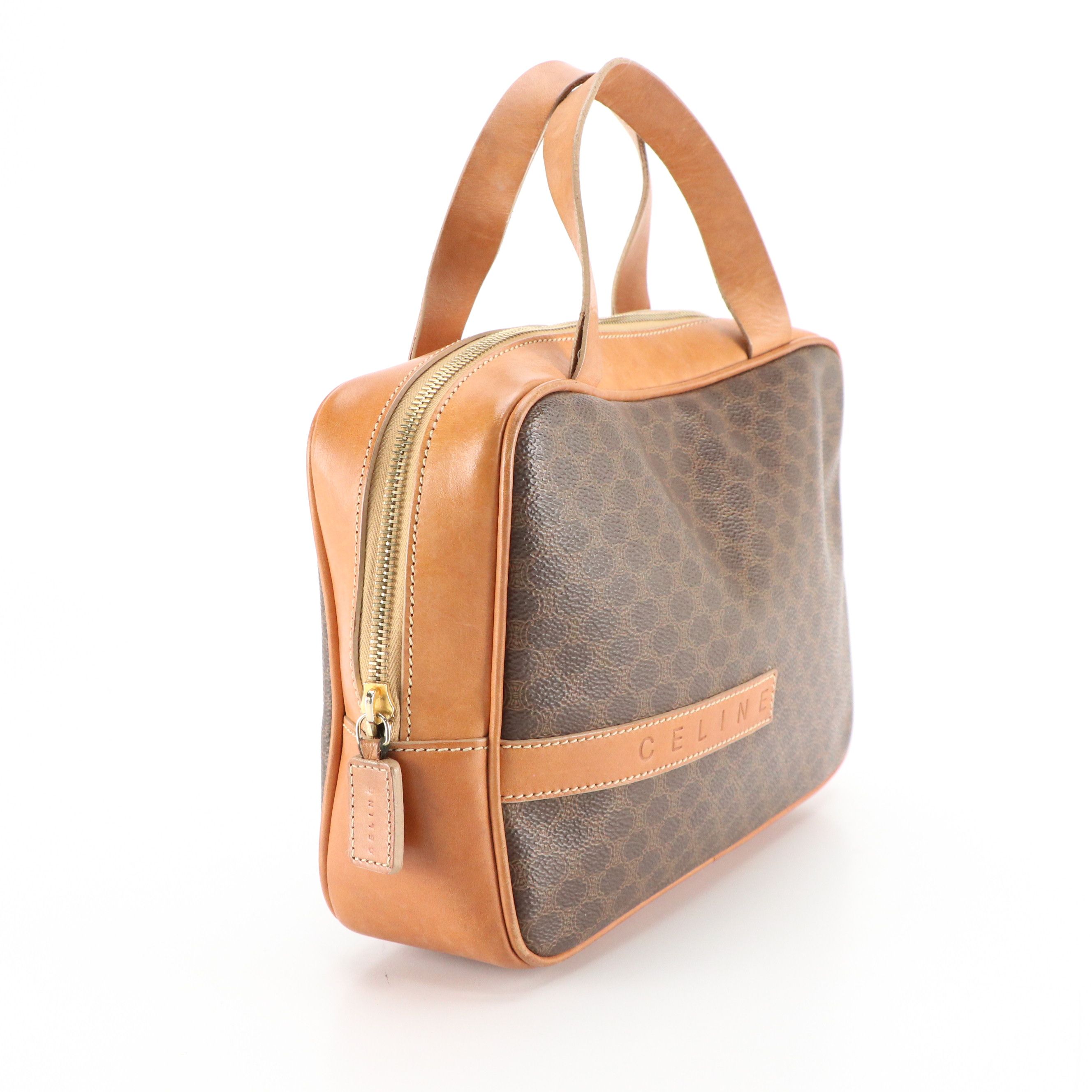 Celine Zip-Around Handbag in Macadam Canvas and Brown Calfskin Trim