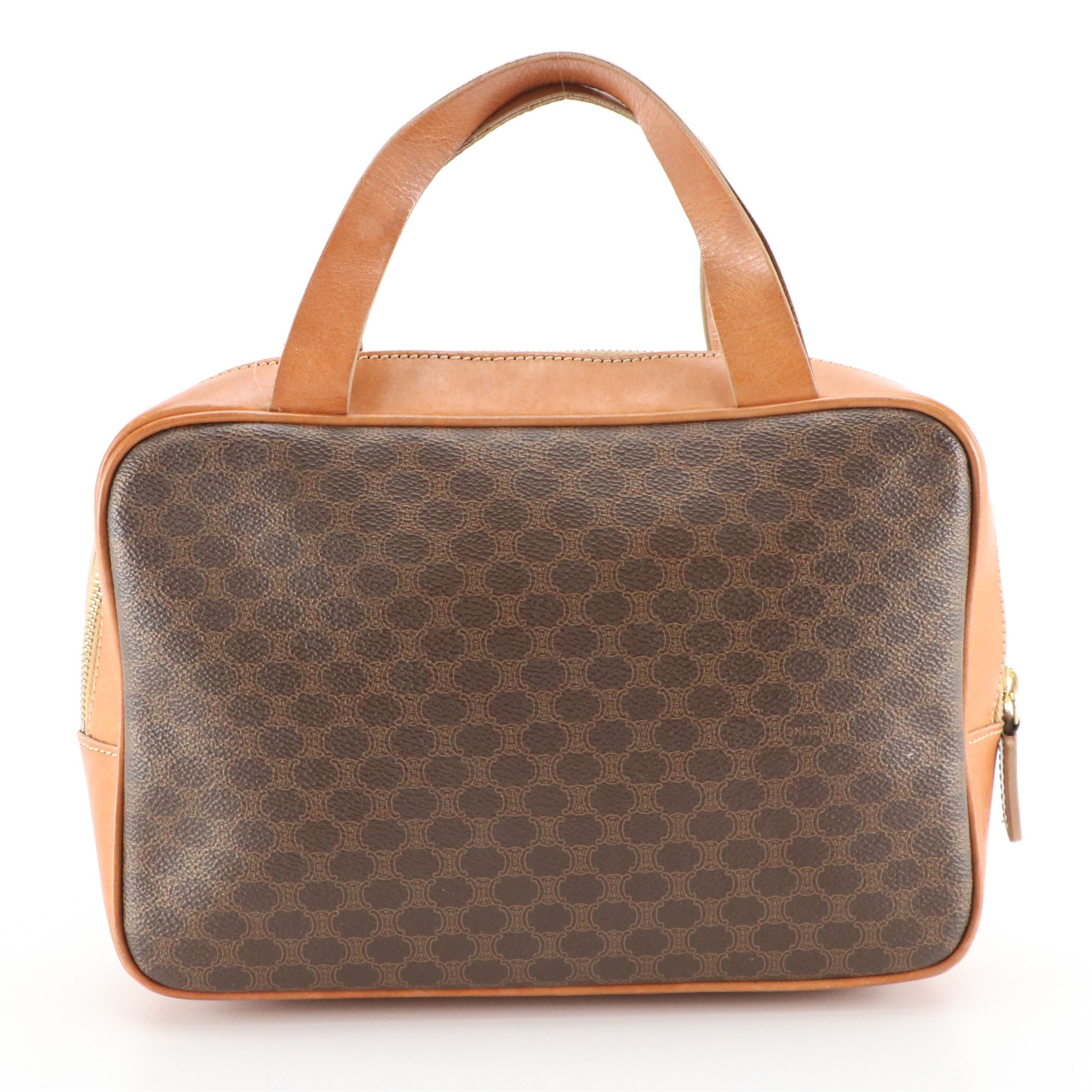 Celine Zip-Around Handbag in Macadam Canvas and Brown Calfskin Trim