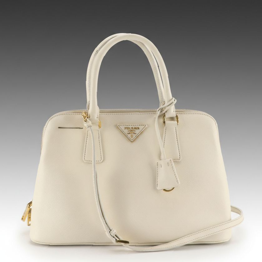 Prada Zippered Two-Way Tote in Ivory Saffiano Leather