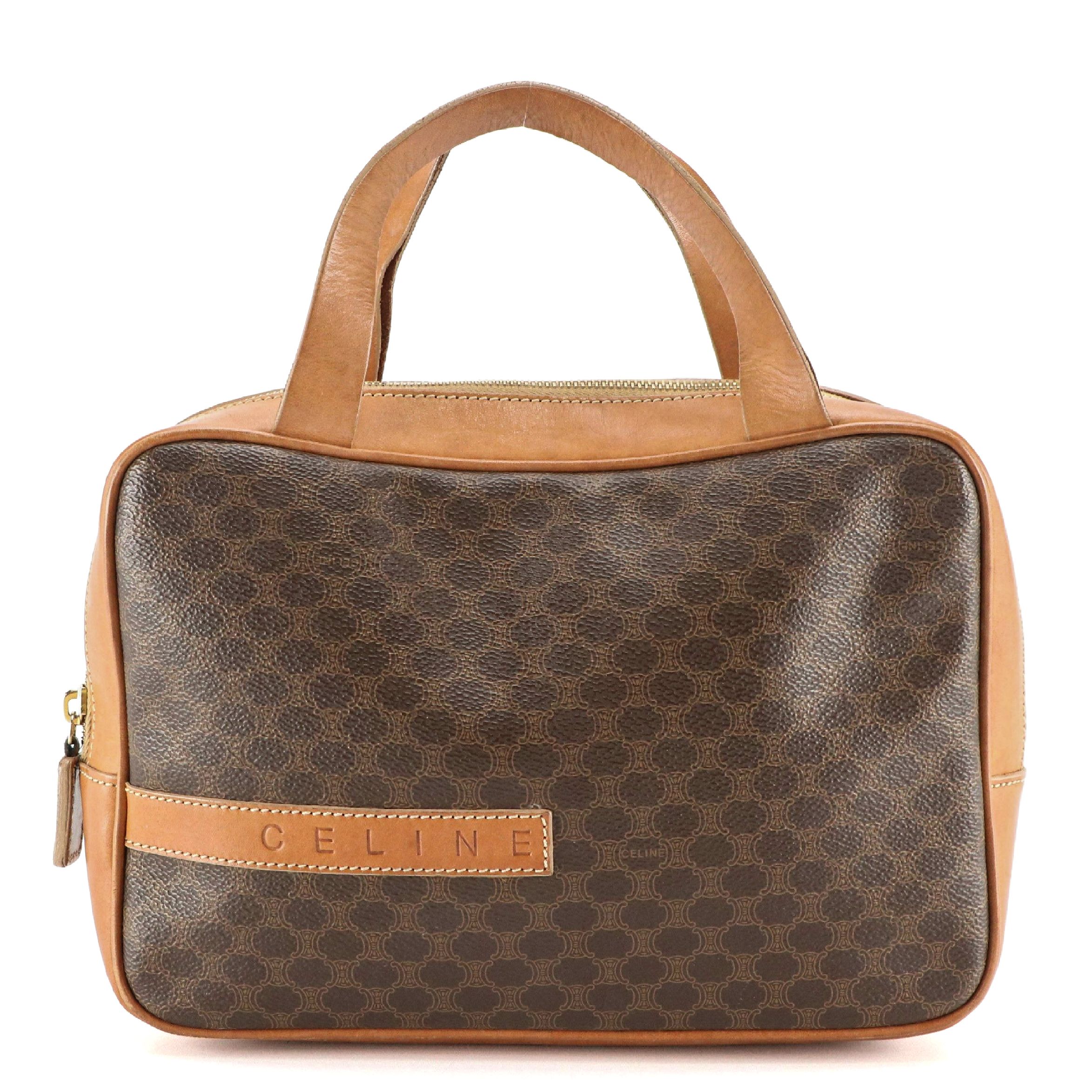 Celine Zip-Around Handbag in Macadam Canvas and Brown Calfskin Trim