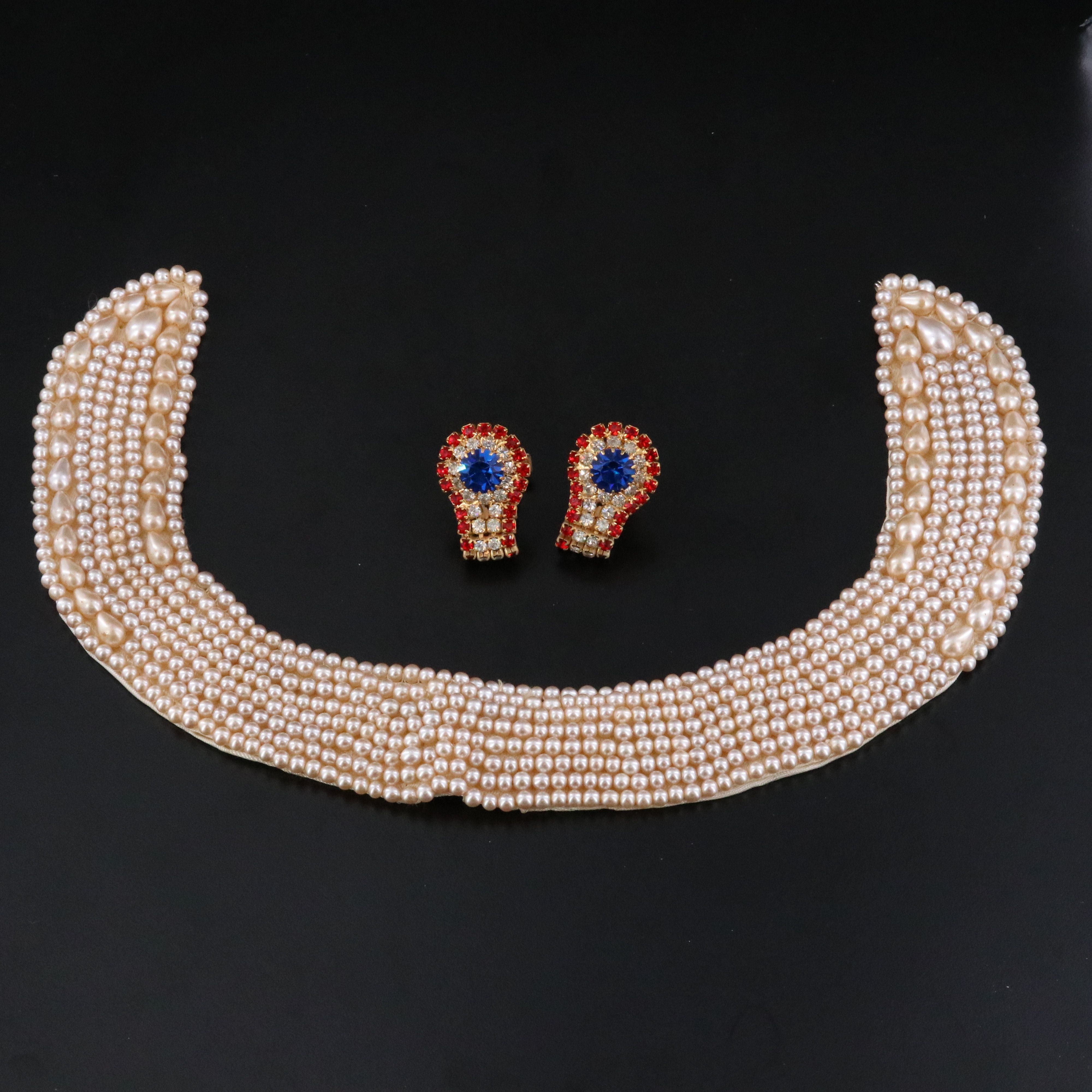 Faux Pearl Collar Necklace with Rhinestone Cufflinks
