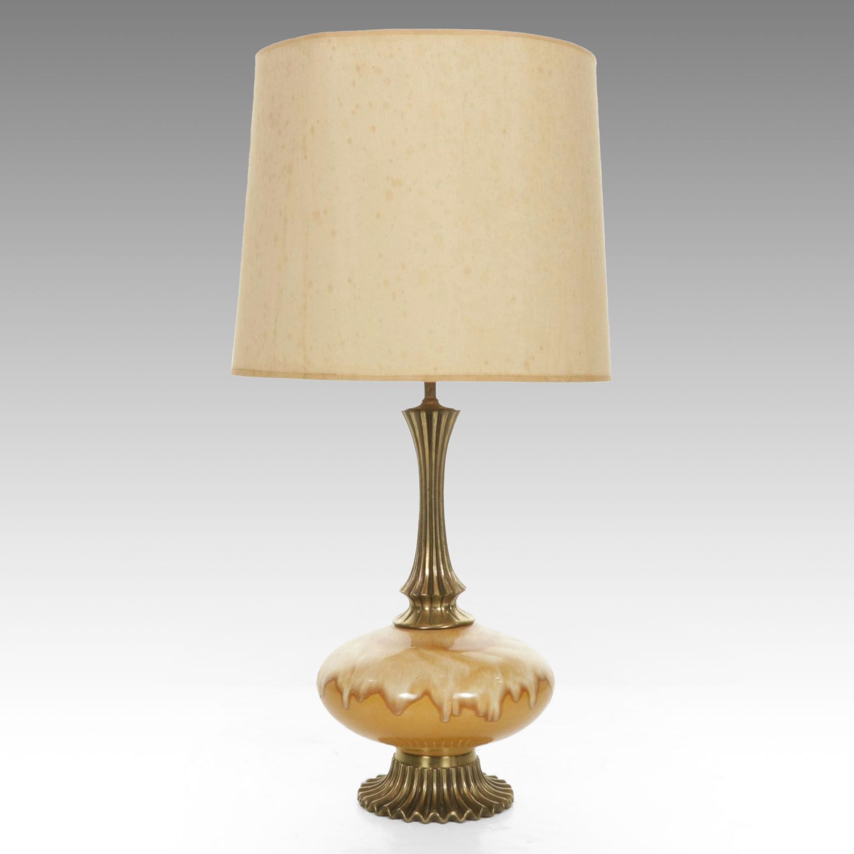 Mid Century Modern Drip Glaze Ceramic and Brass Table Lamp