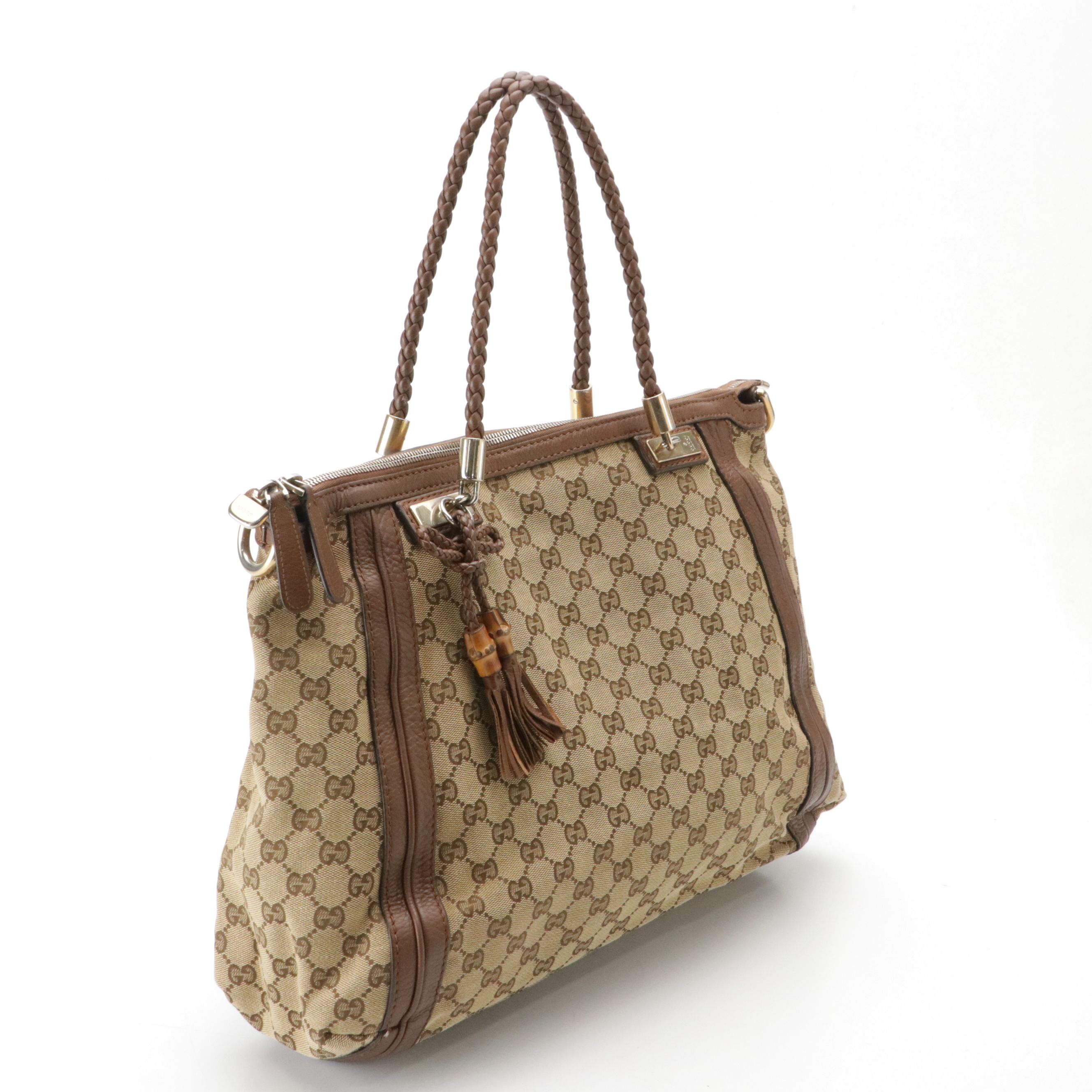 Gucci Large Bella Tote in GG Canvas and Brown Leather with Bamboo Accents