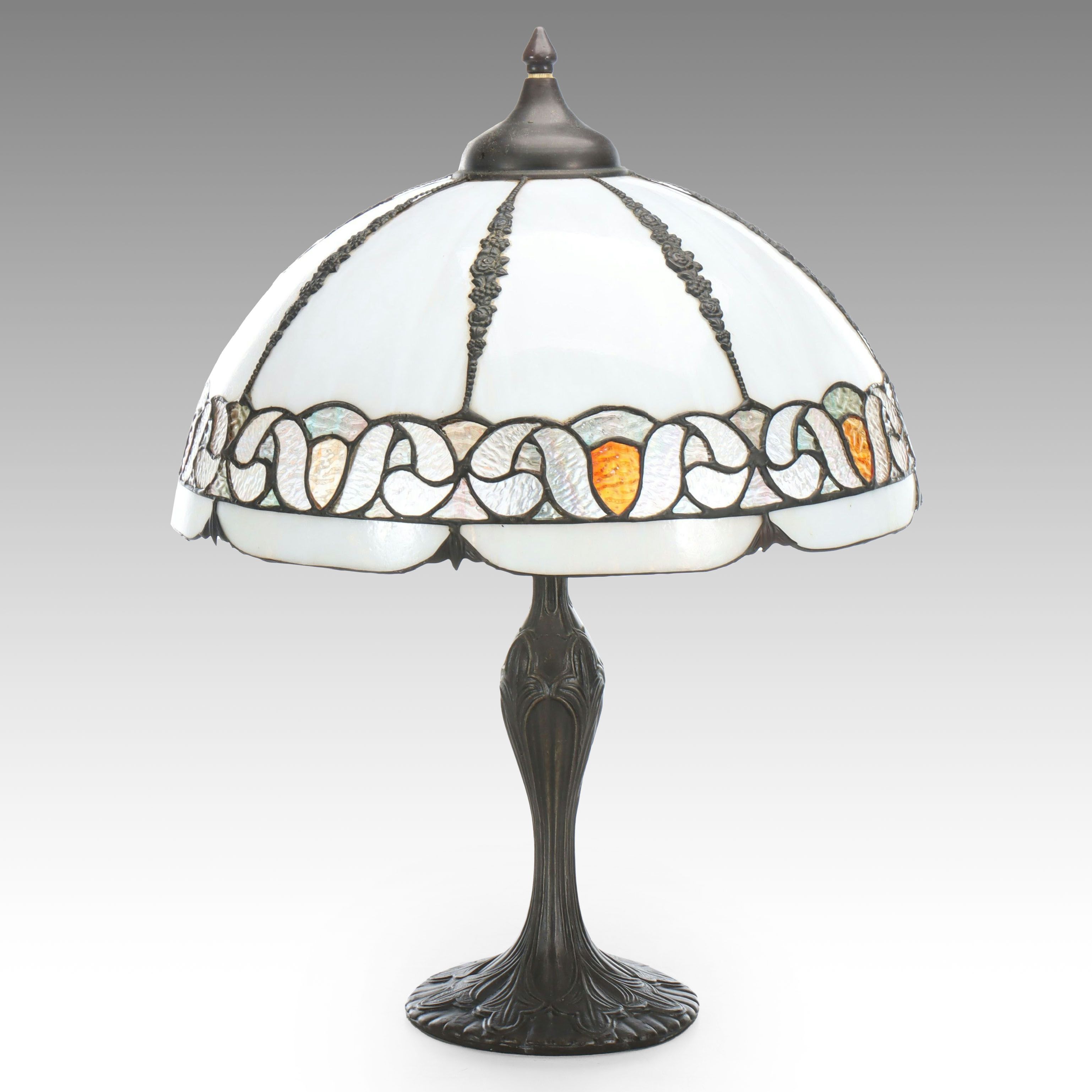 Art Nouveau Style Bronzed Spelter Lamp with Slag Glass Shade
