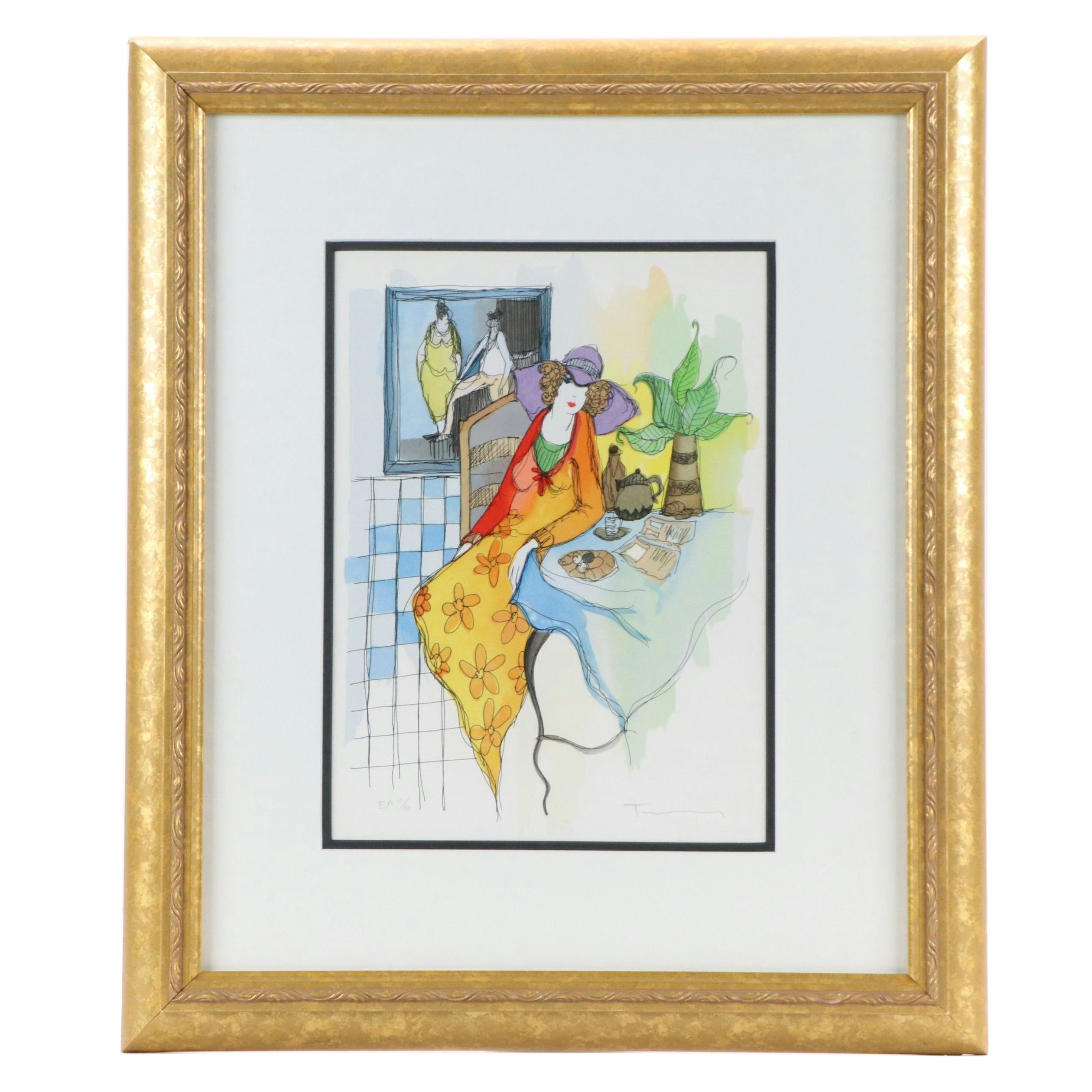 Itzchak Tarkay Lithograph "Woman Reading Magazine," Late 20th Century