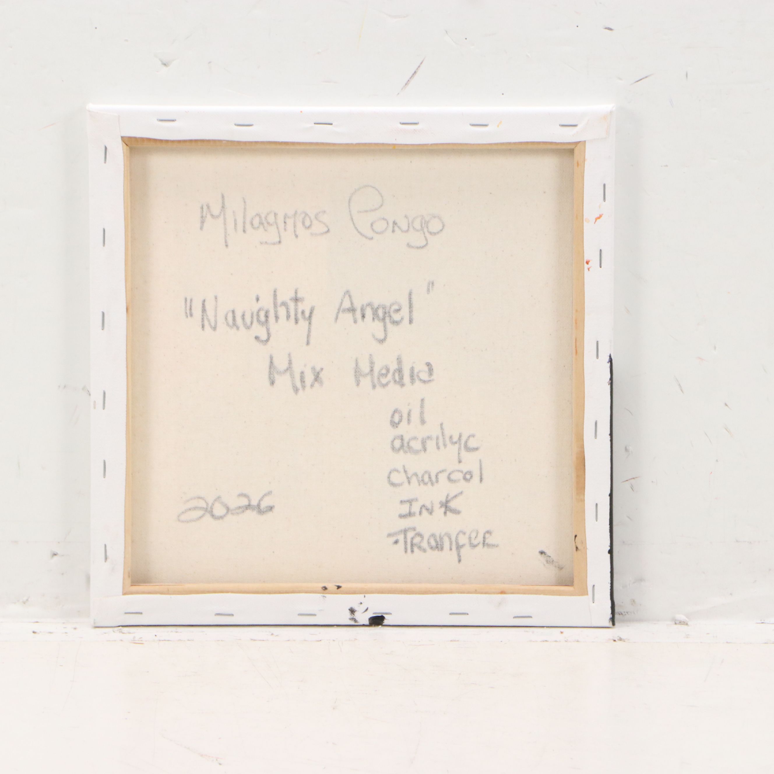 Milagros Pongo Mixed Media Painting "Naughty Angel," 2026