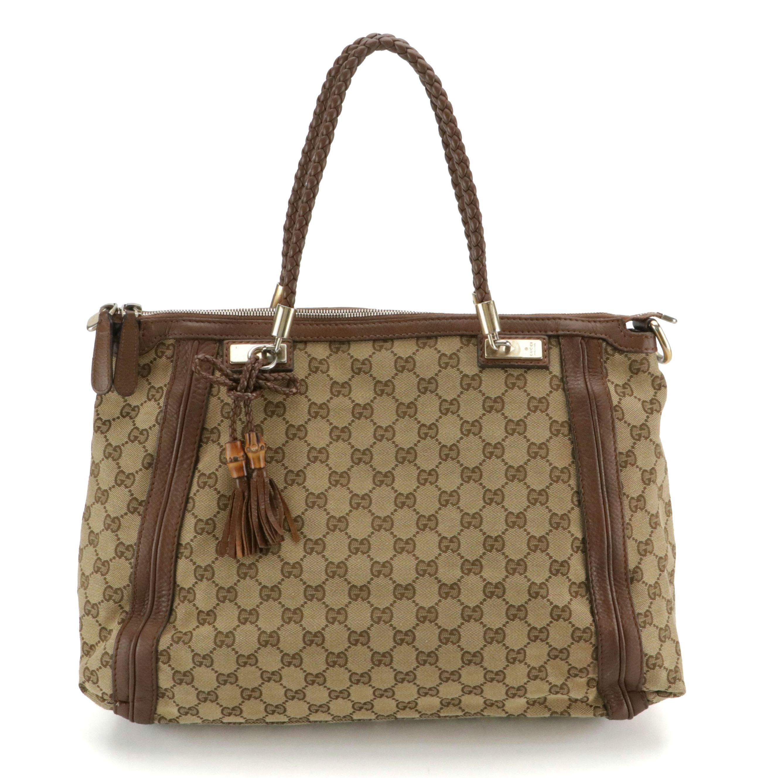 Gucci Large Bella Tote in GG Canvas and Brown Leather with Bamboo Accents