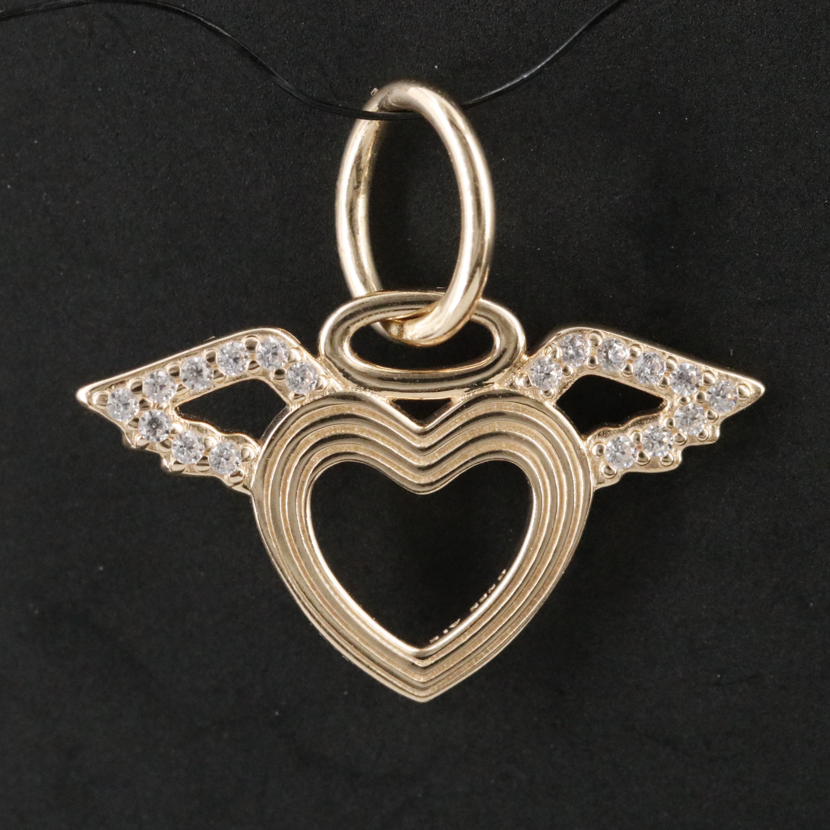 14K CZ Heart Angel Wing Pendant