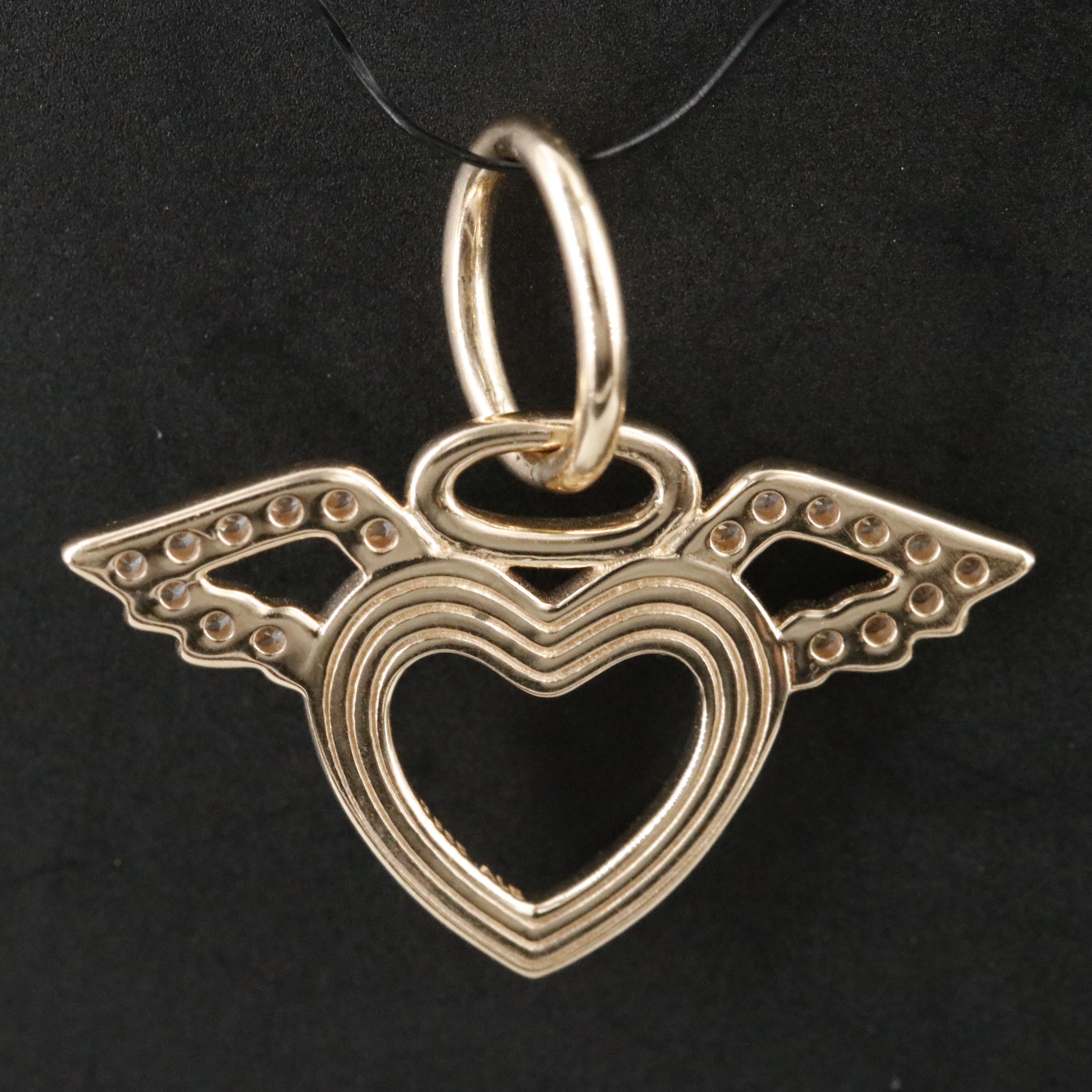 14K CZ Heart Angel Wing Pendant