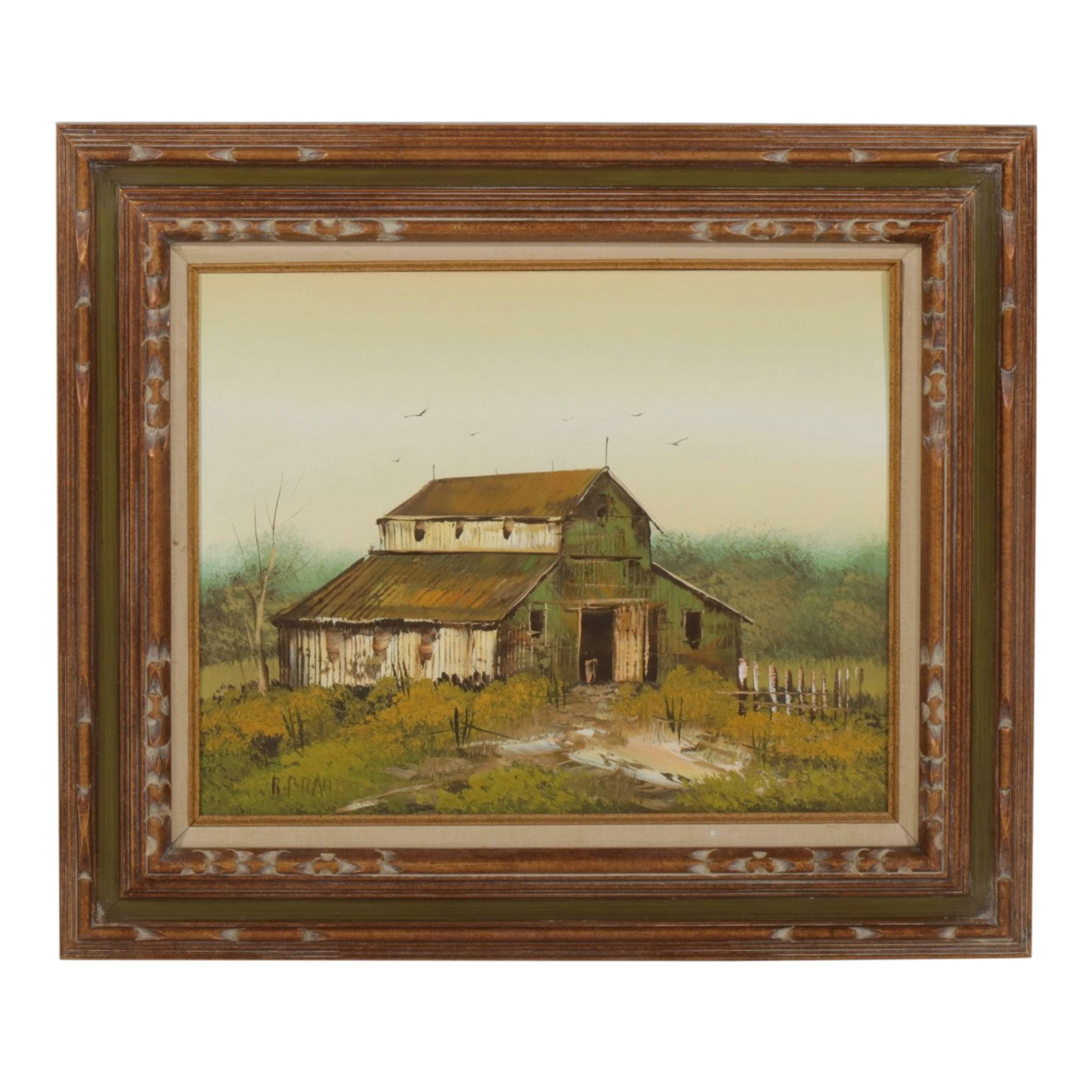 R. Brant Pastoral Landscape Oil Painting Featuring a Dilapidated Barnyard Facade