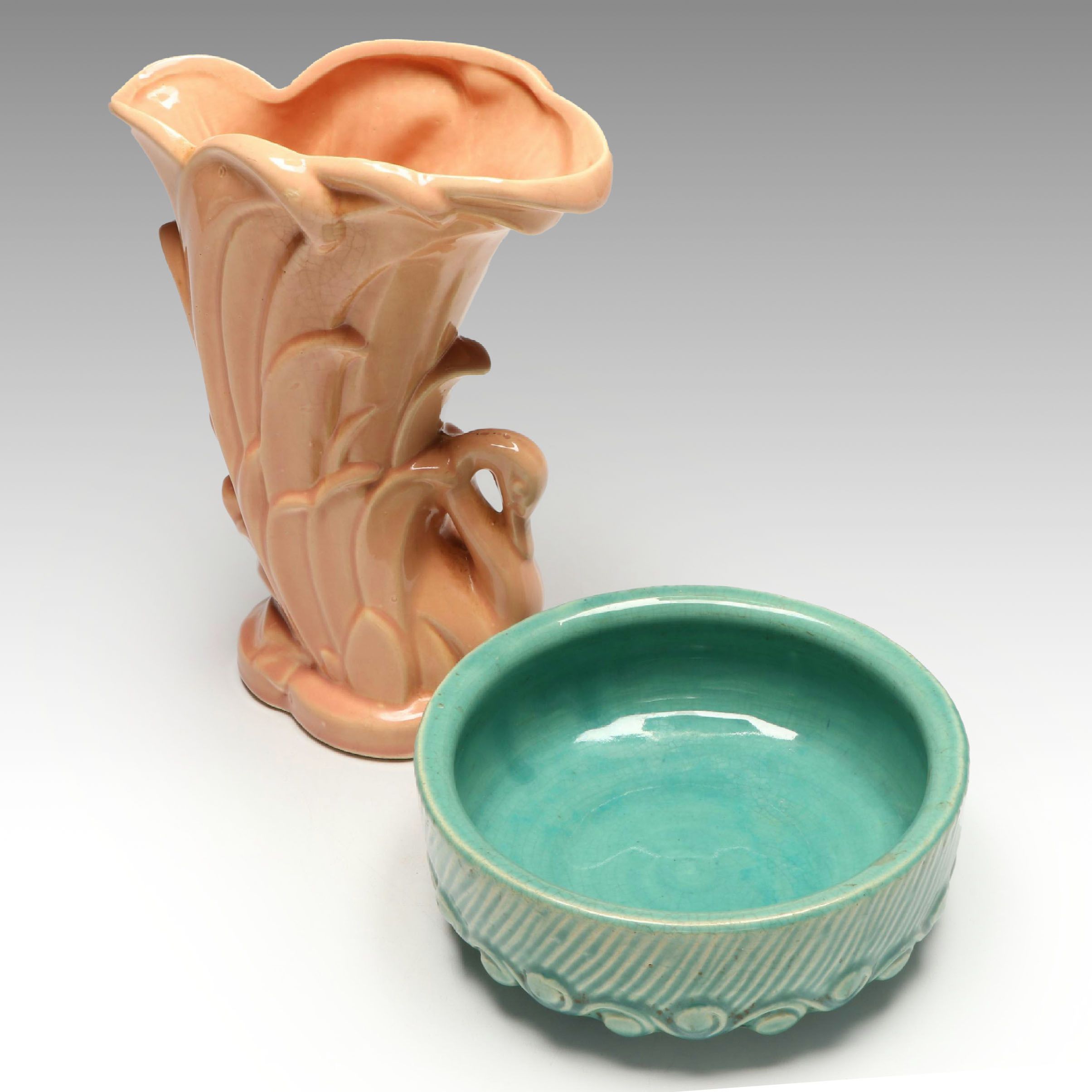 McCoy Pottery "Swan in Reeds" Vase with Aqua Wave Planter