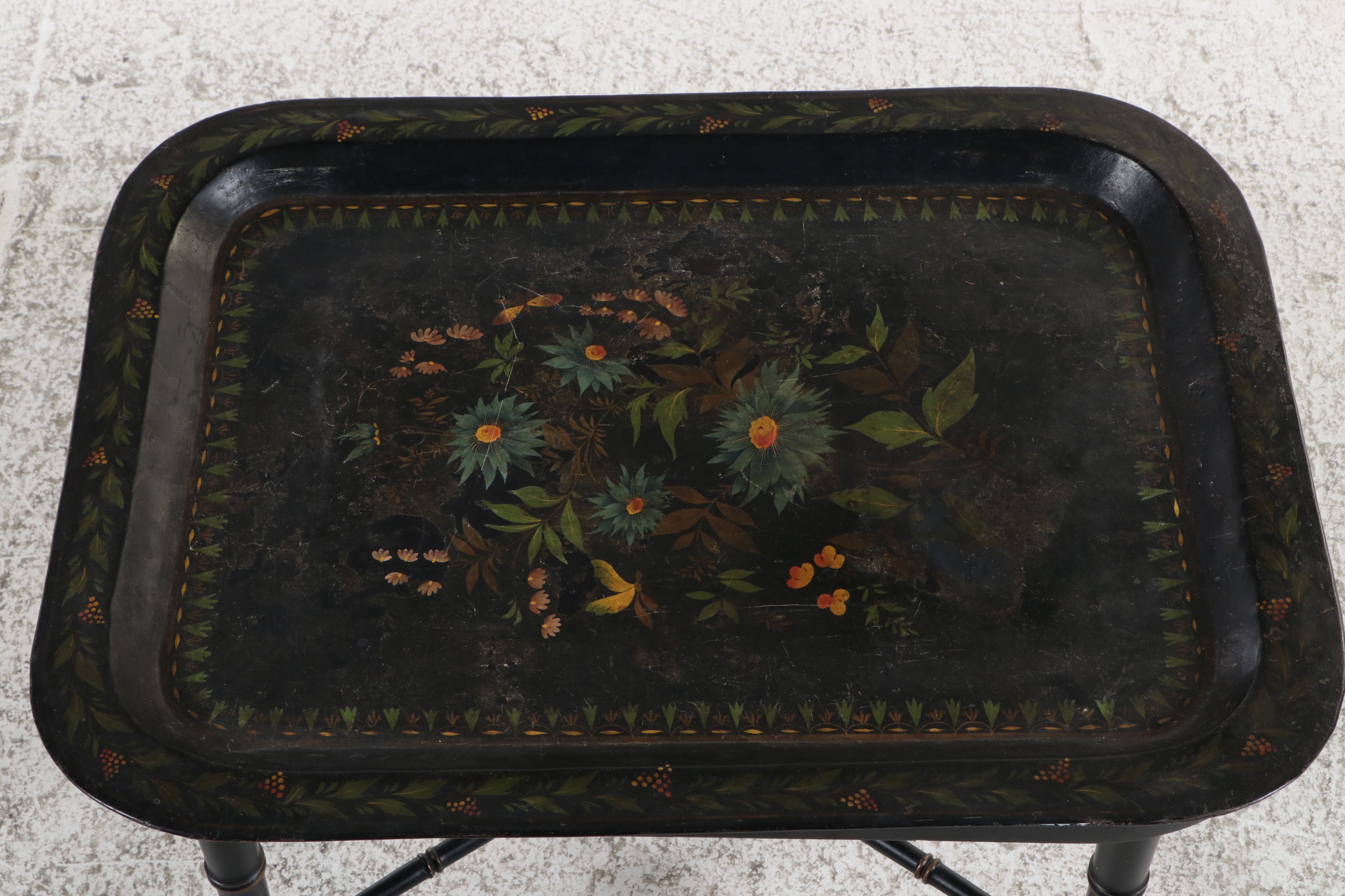 Victorian Style Toleware Tray Coffee Table on Faux-Bamboo Stand