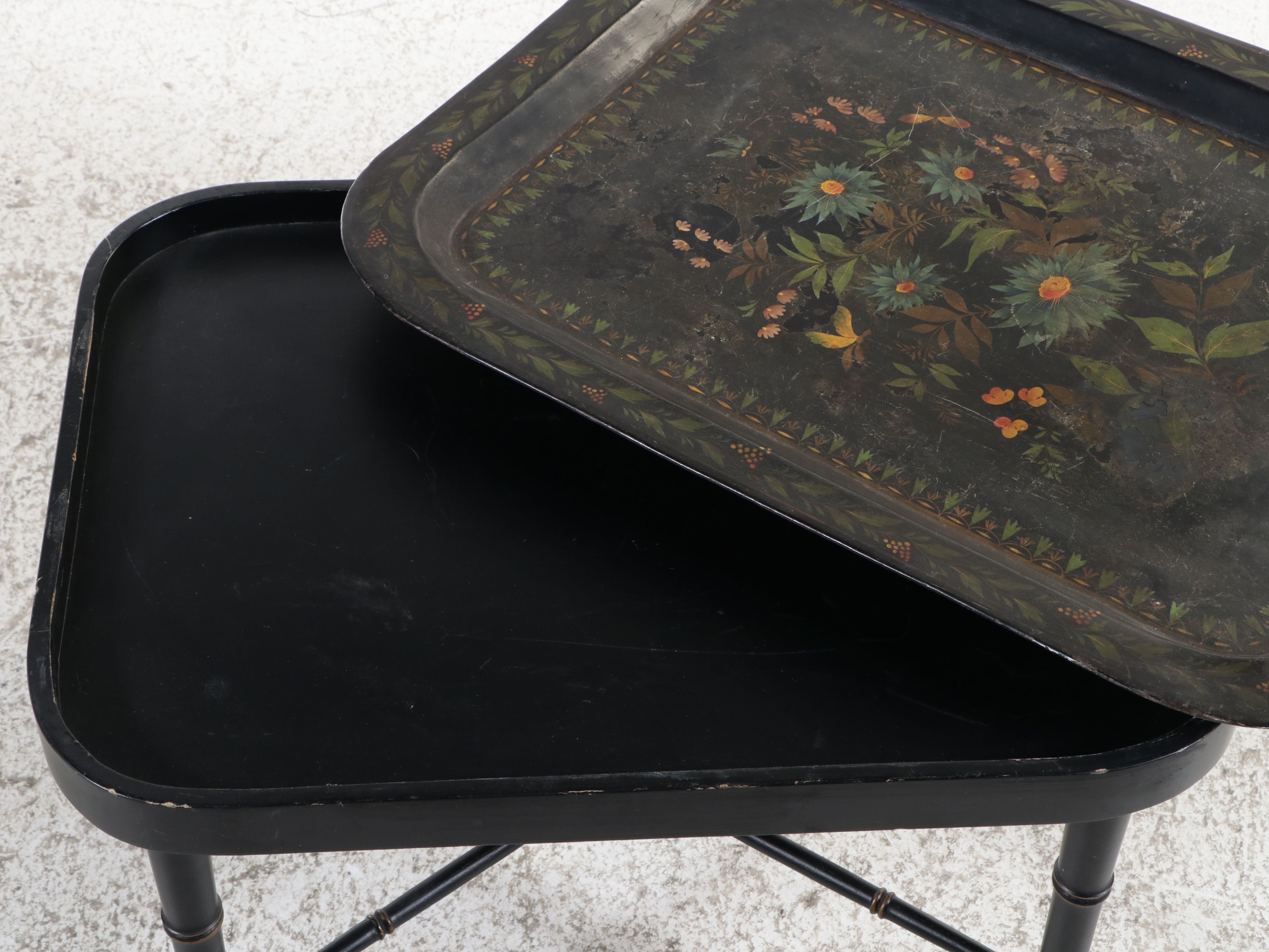 Victorian Style Toleware Tray Coffee Table on Faux-Bamboo Stand