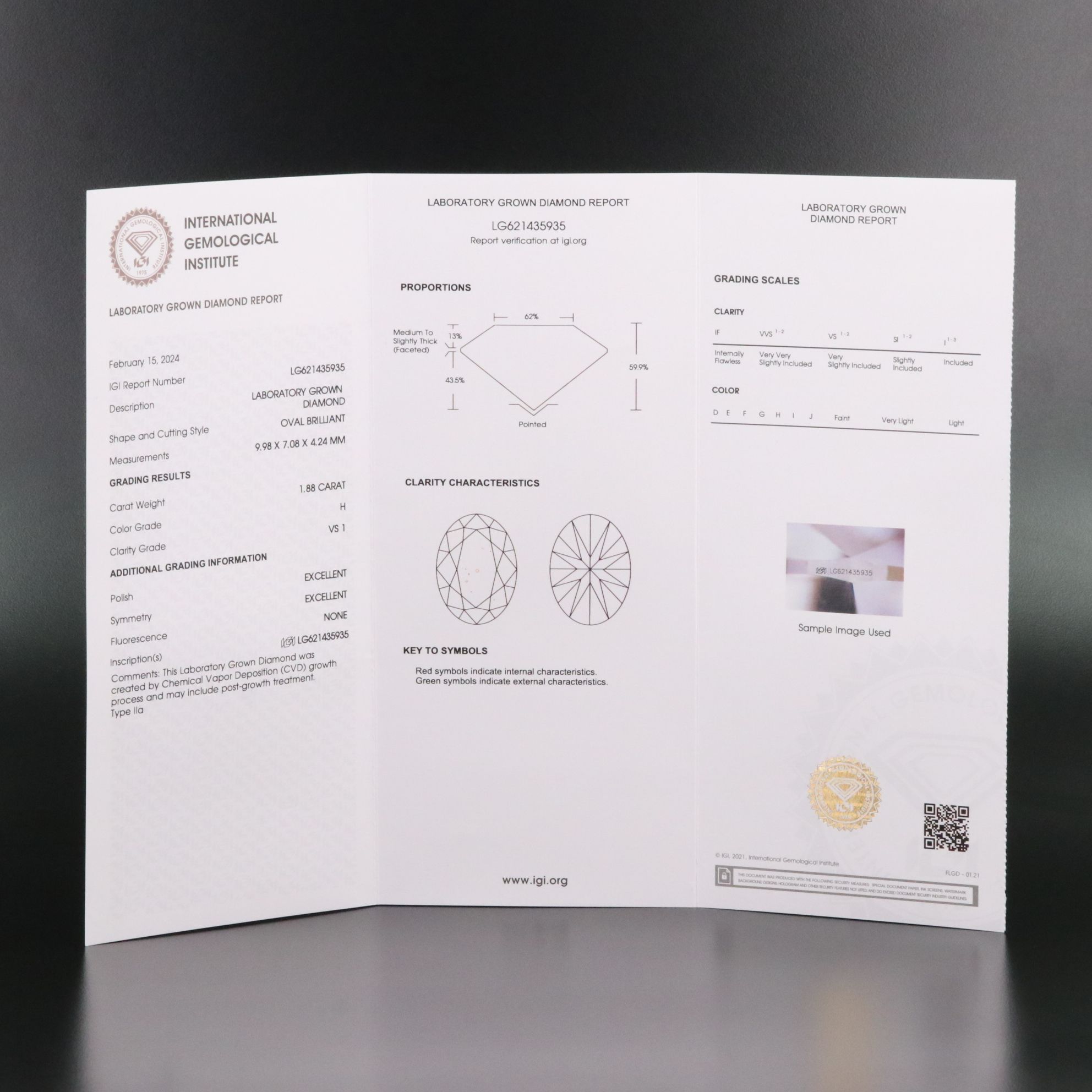 Loose 1.88 CT Lab Grown Diamond with IGI Report