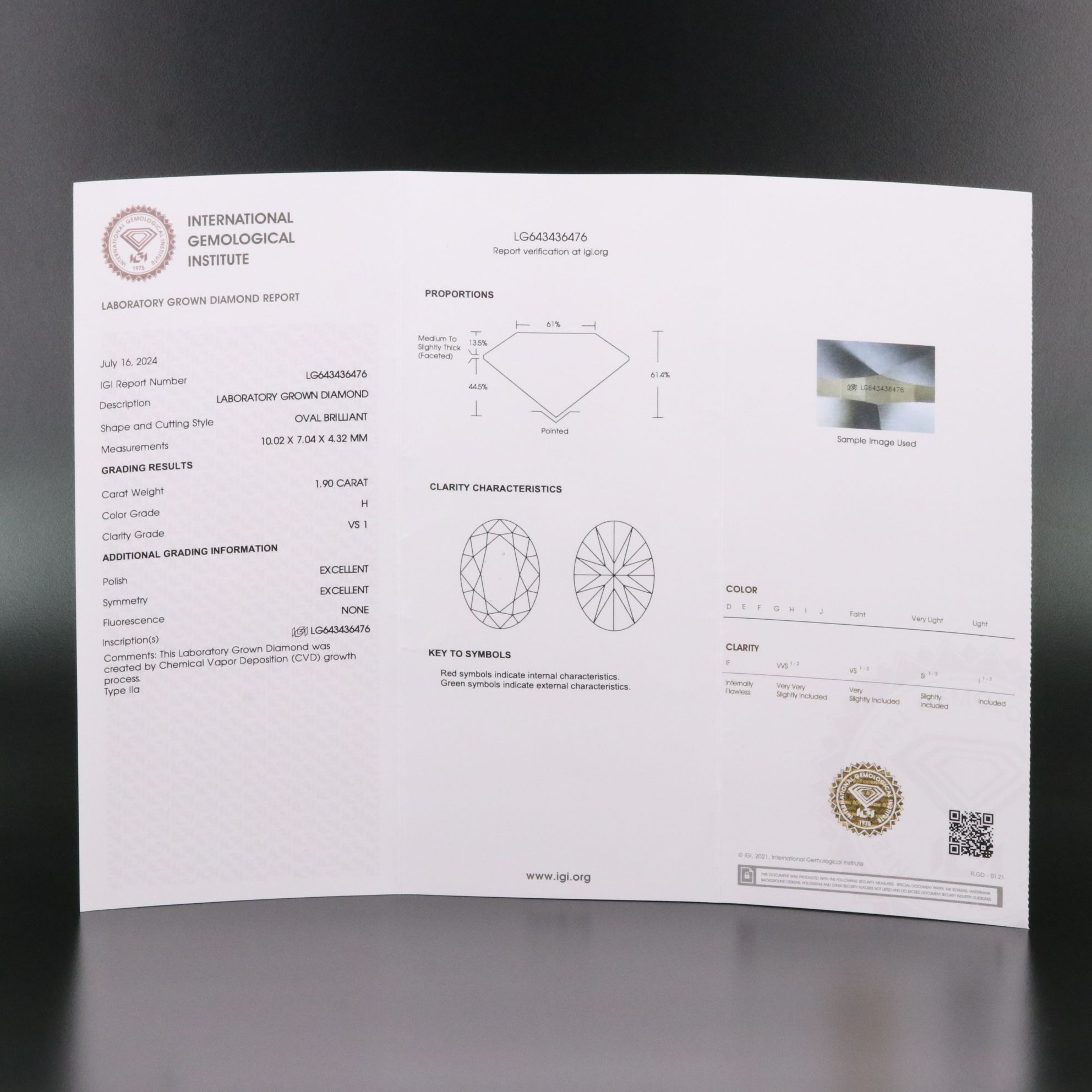 Loose 1.90 CT Lab Grown Diamond with IGI Report