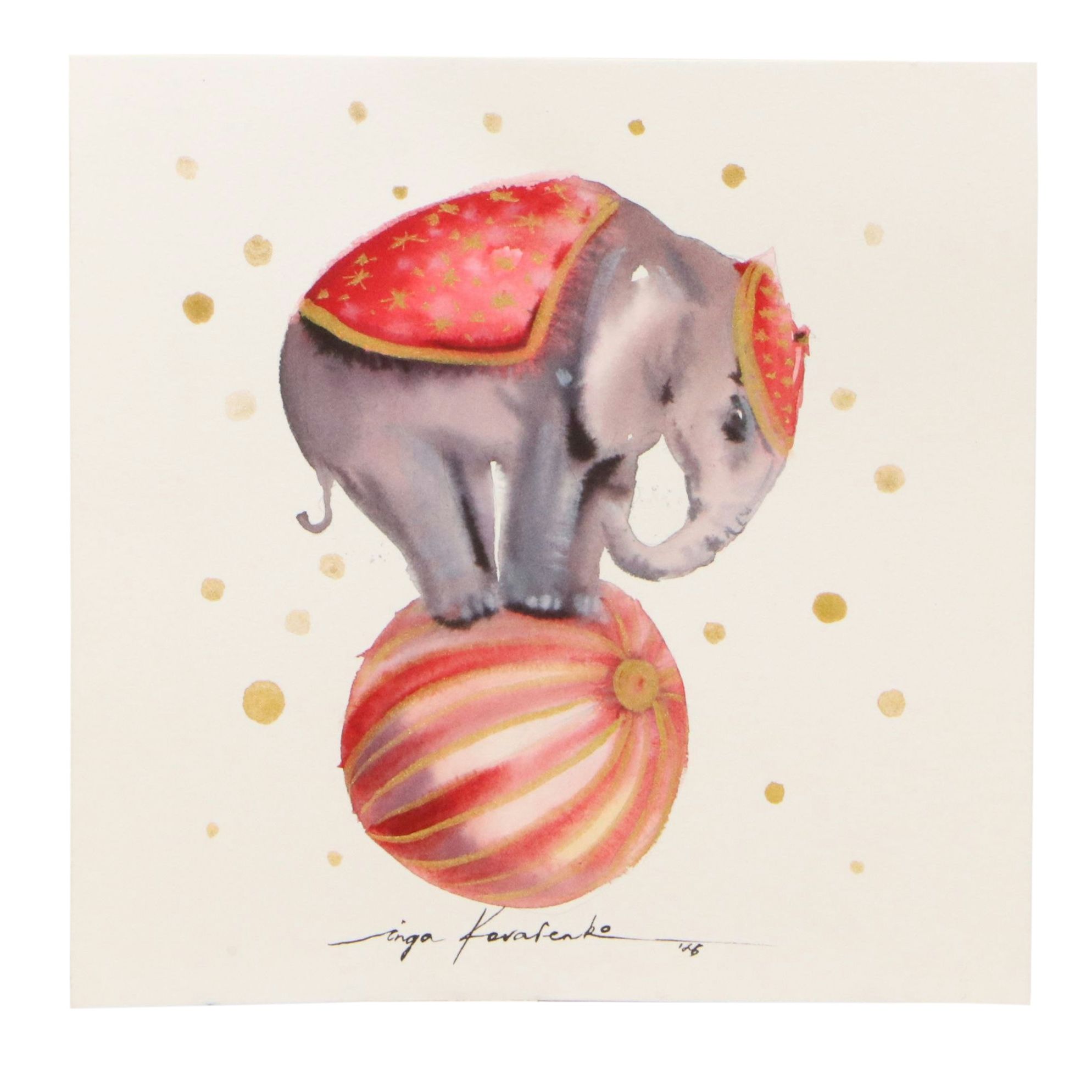 Inga Kovalenko Watercolor of Elephant Balancing on Ball, 2026