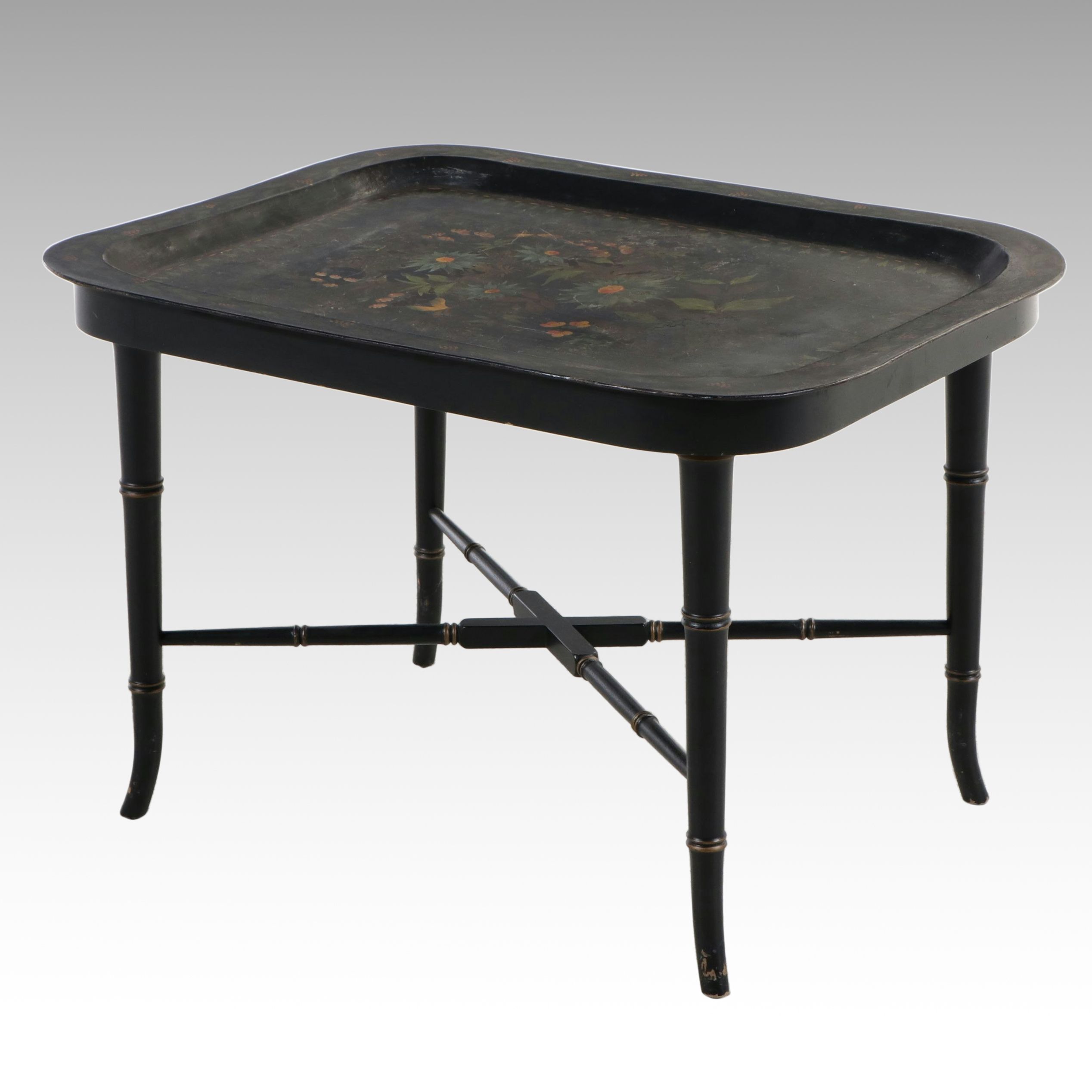 Victorian Style Toleware Tray Coffee Table on Faux-Bamboo Stand