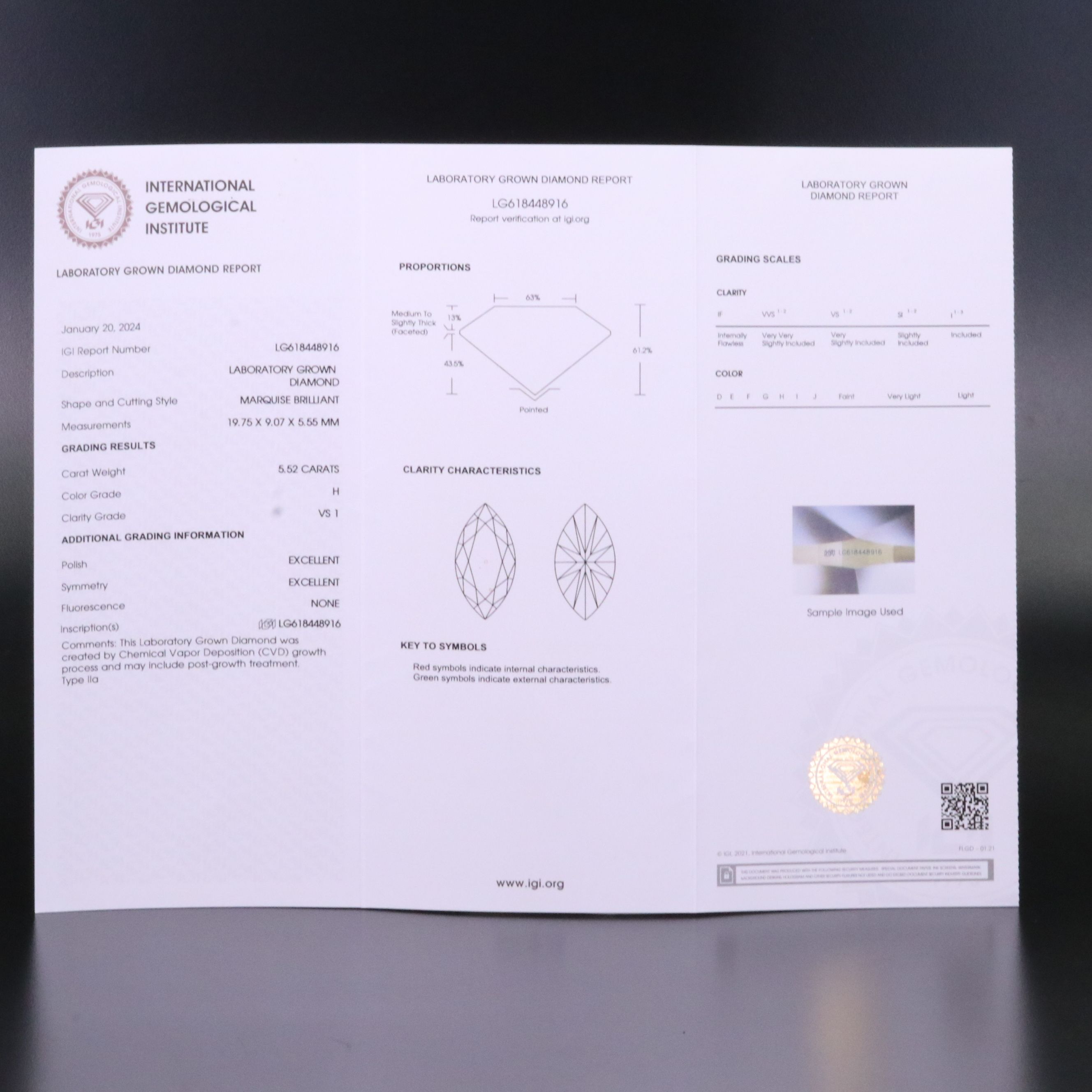 Loose 5.52 CT Lab Grown Diamond with IGI Report