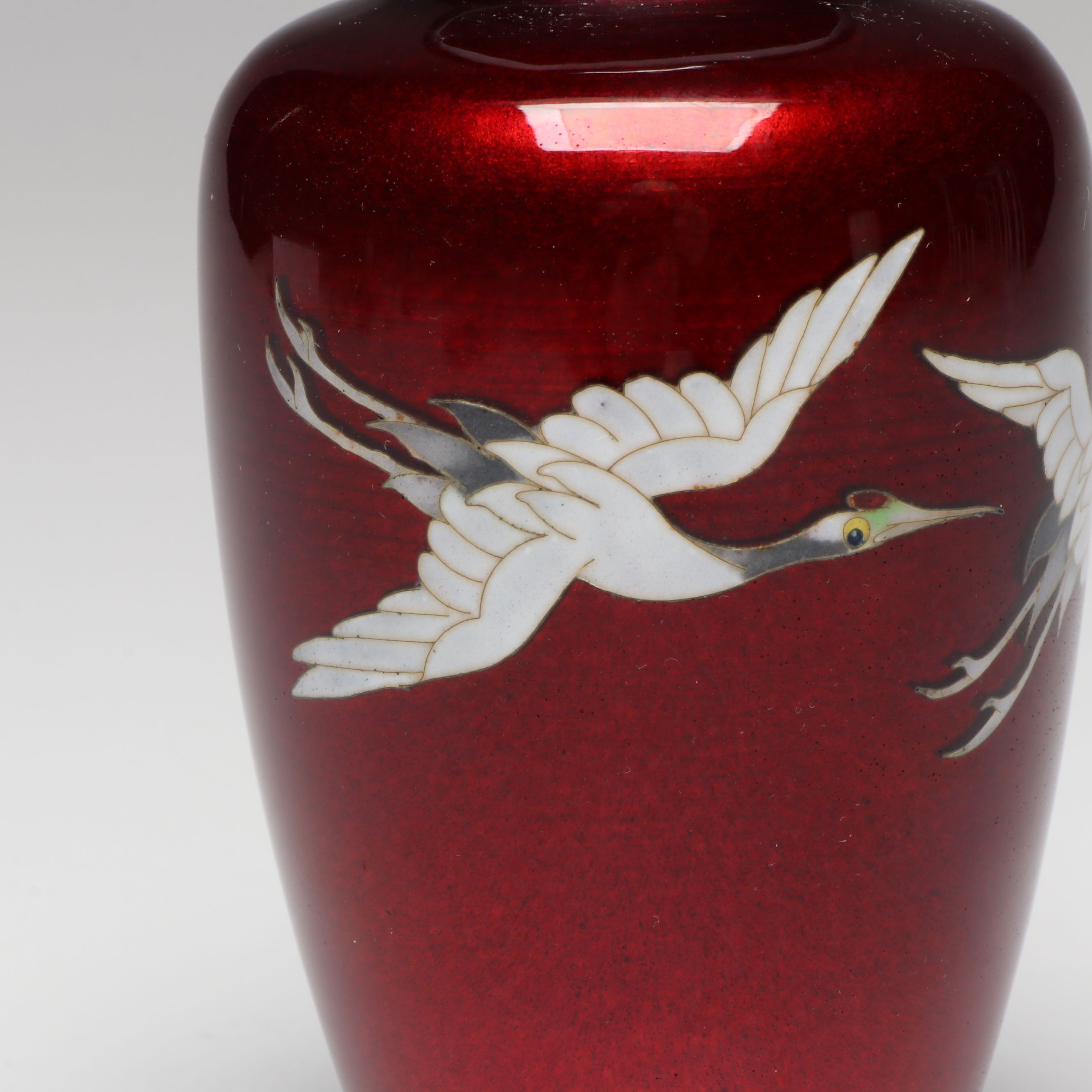 Japanese Crowned Cranes on Pigeon's Blood Ginbari Cloisonné Vase