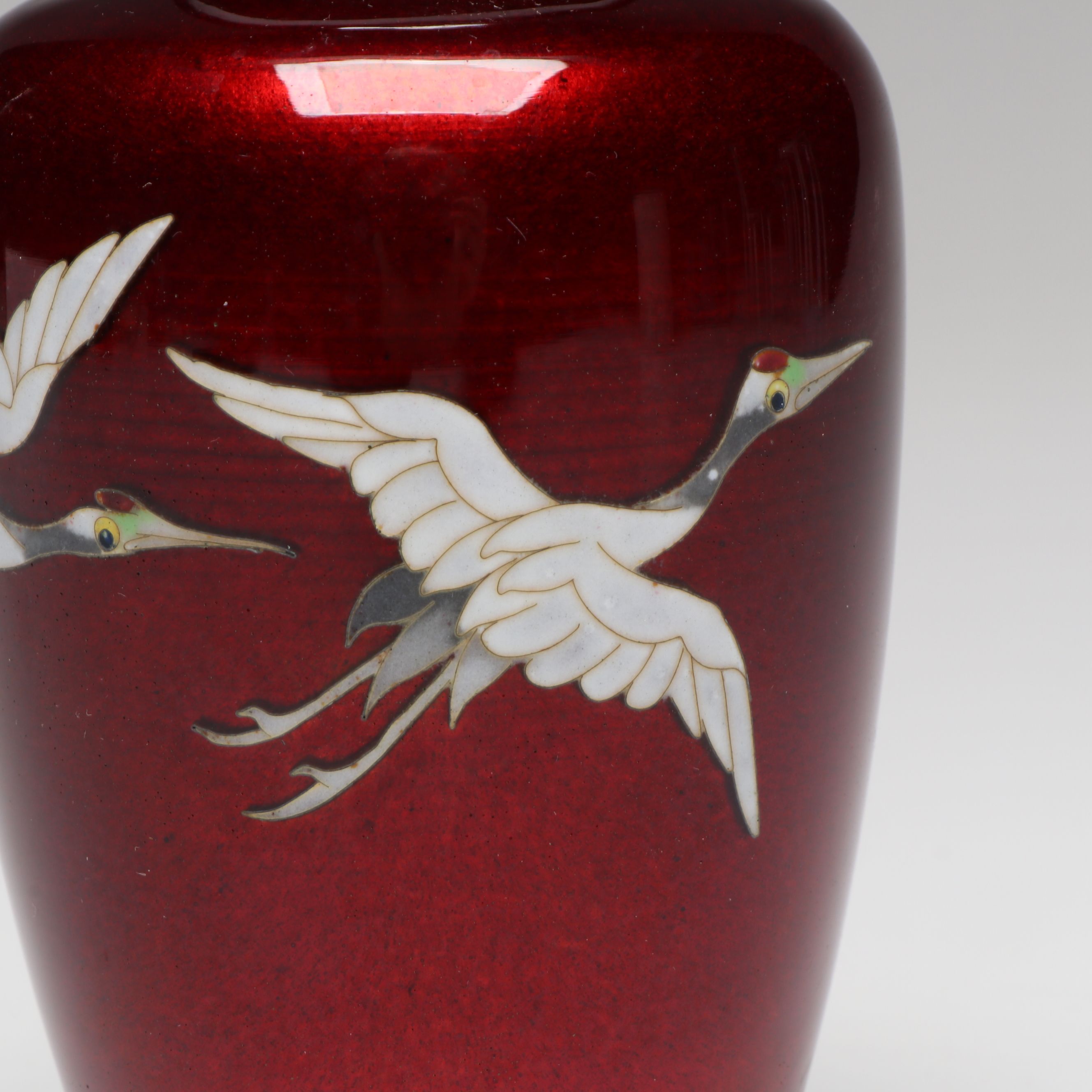 Japanese Crowned Cranes on Pigeon's Blood Ginbari Cloisonné Vase