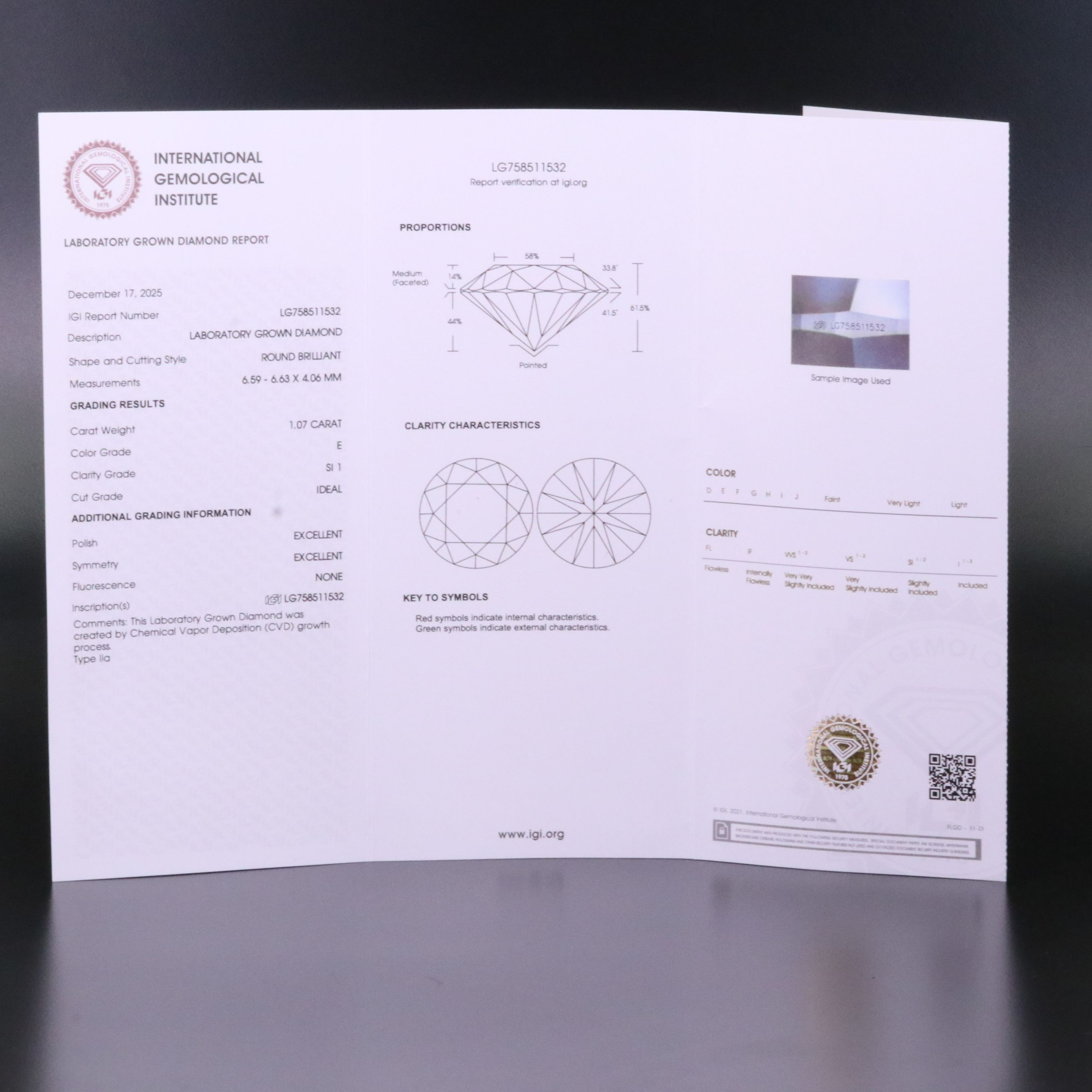 Loose 1.07 CT Lab Grown Diamond with IGI Report