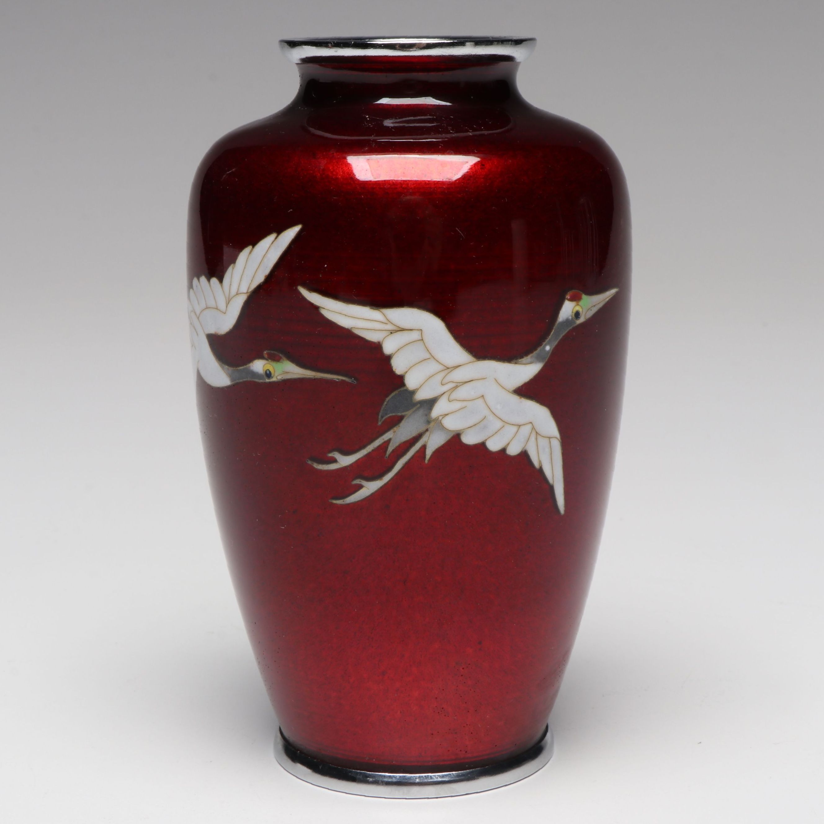 Japanese Crowned Cranes on Pigeon's Blood Ginbari Cloisonné Vase