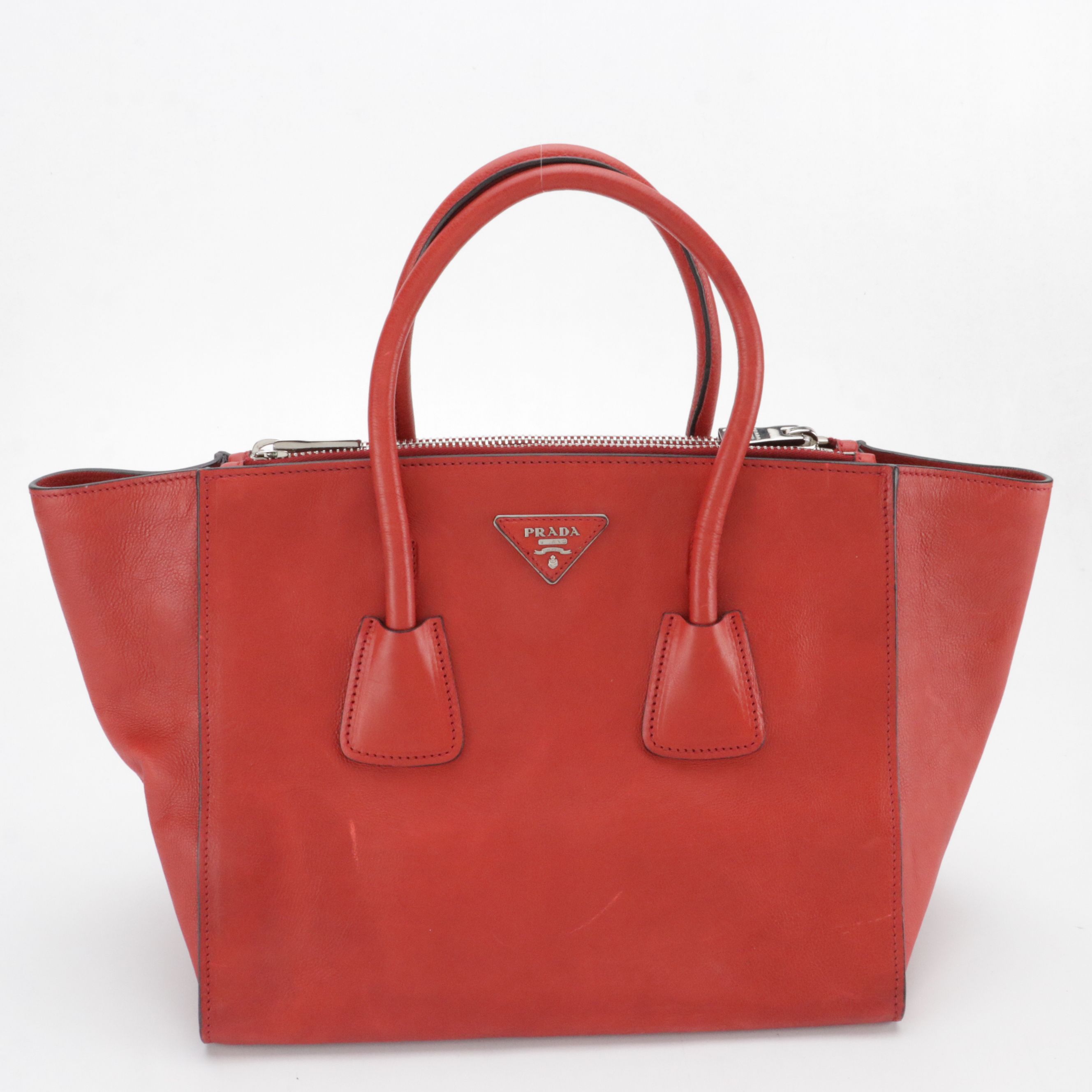 Prada Twin Pocket Top Handle Two-Way Tote in Red Glace Calfskin Leather