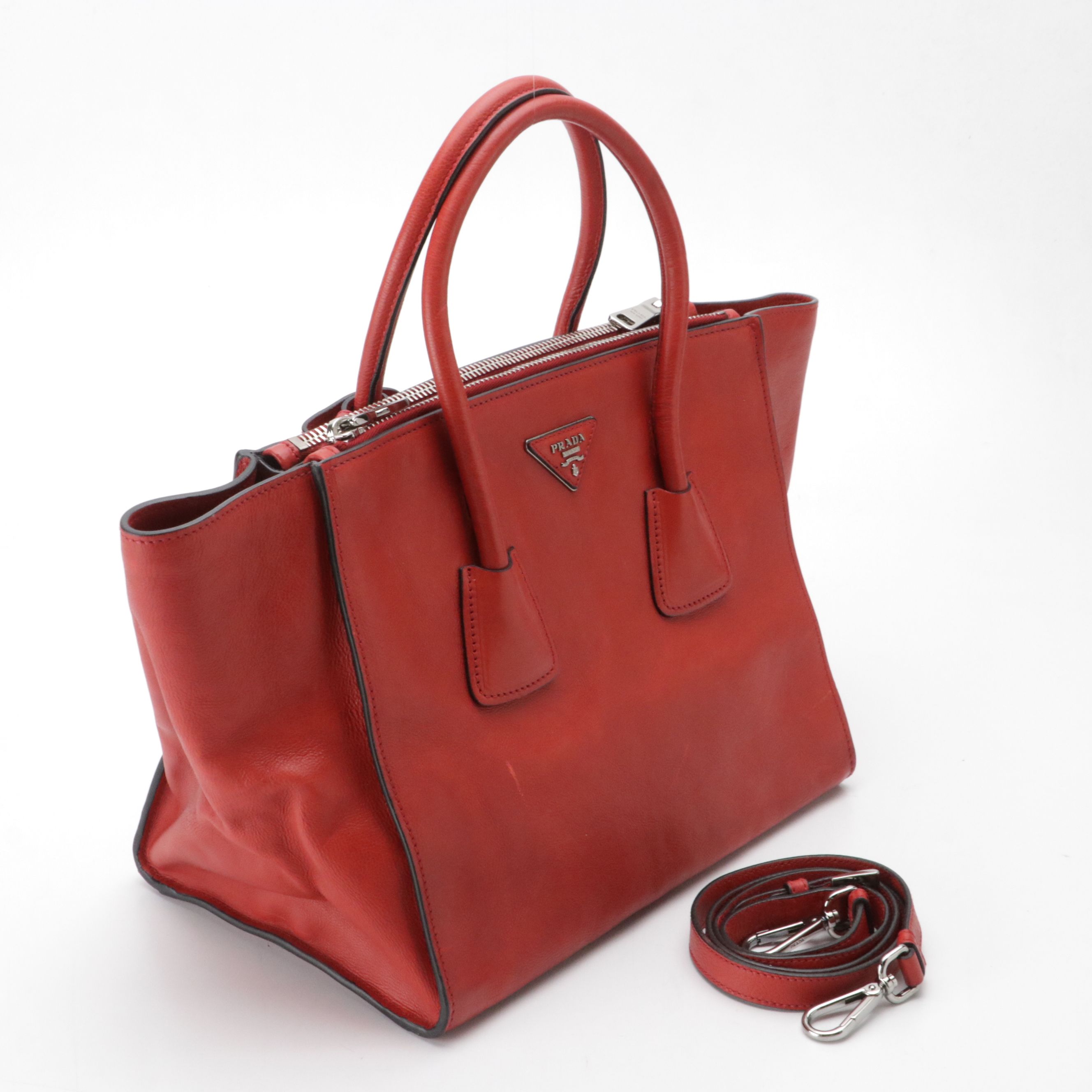 Prada Twin Pocket Top Handle Two-Way Tote in Red Glace Calfskin Leather