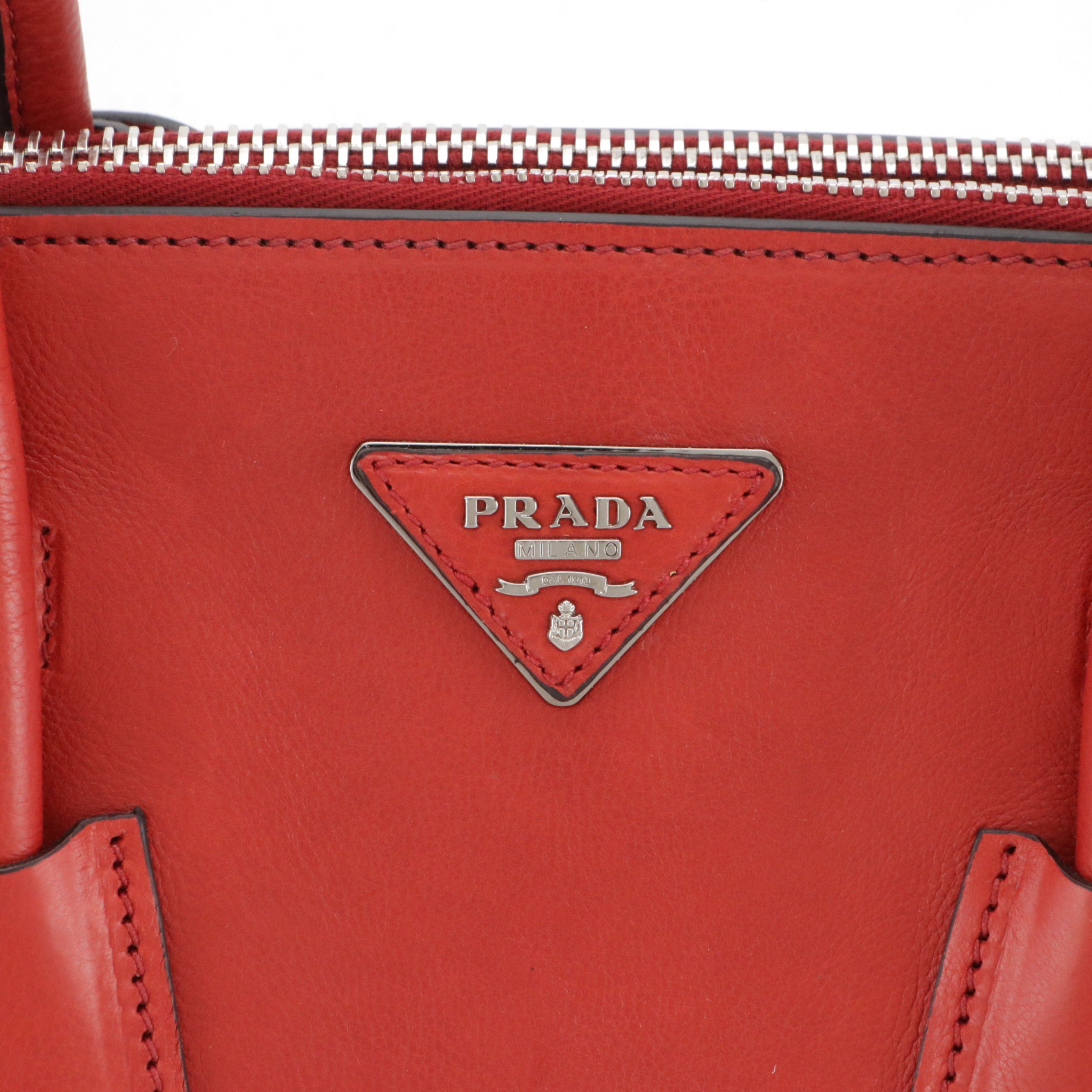 Prada Twin Pocket Top Handle Two-Way Tote in Red Glace Calfskin Leather