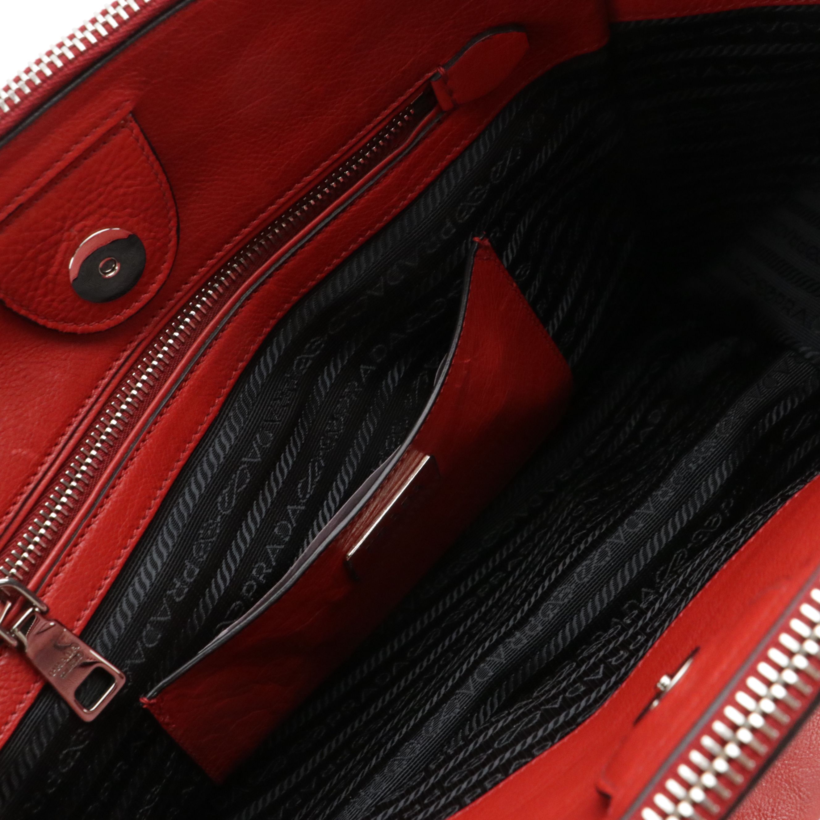 Prada Twin Pocket Top Handle Two-Way Tote in Red Glace Calfskin Leather