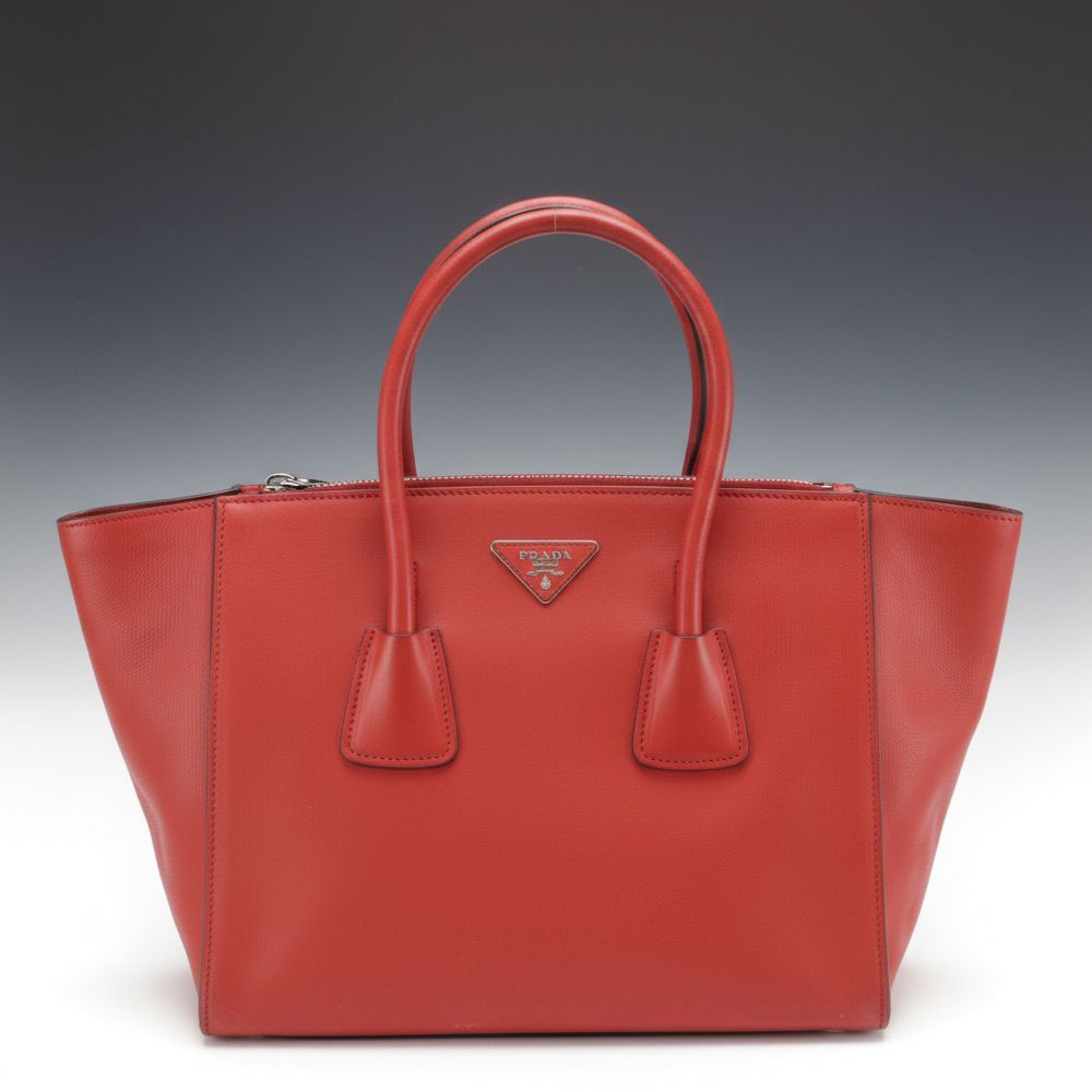Prada Twin Pocket Top Handle Two-Way Tote in Red Glace Calfskin Leather