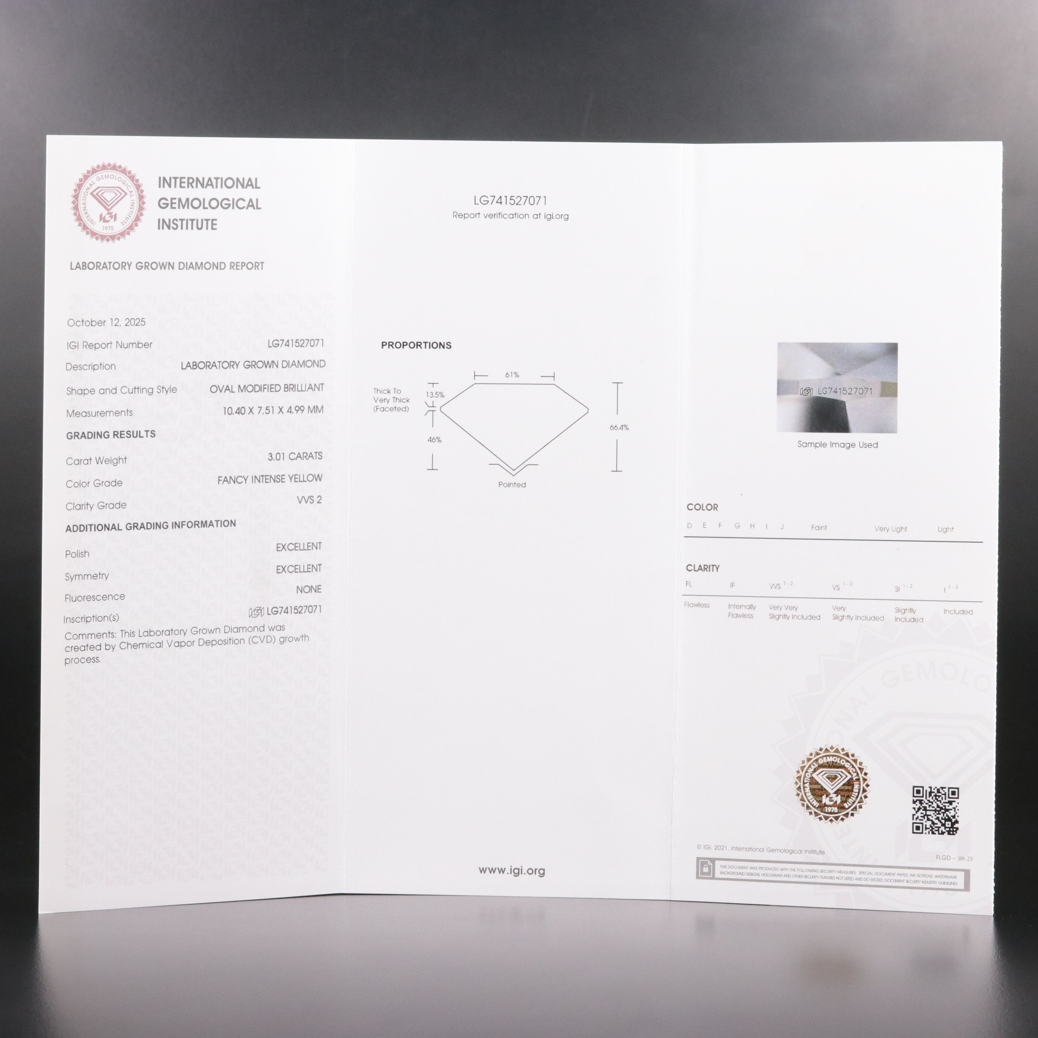 18K 3.85 CTW Lab Grown Diamond Ring w/ Fancy Intense Yellow Center & IGI Report