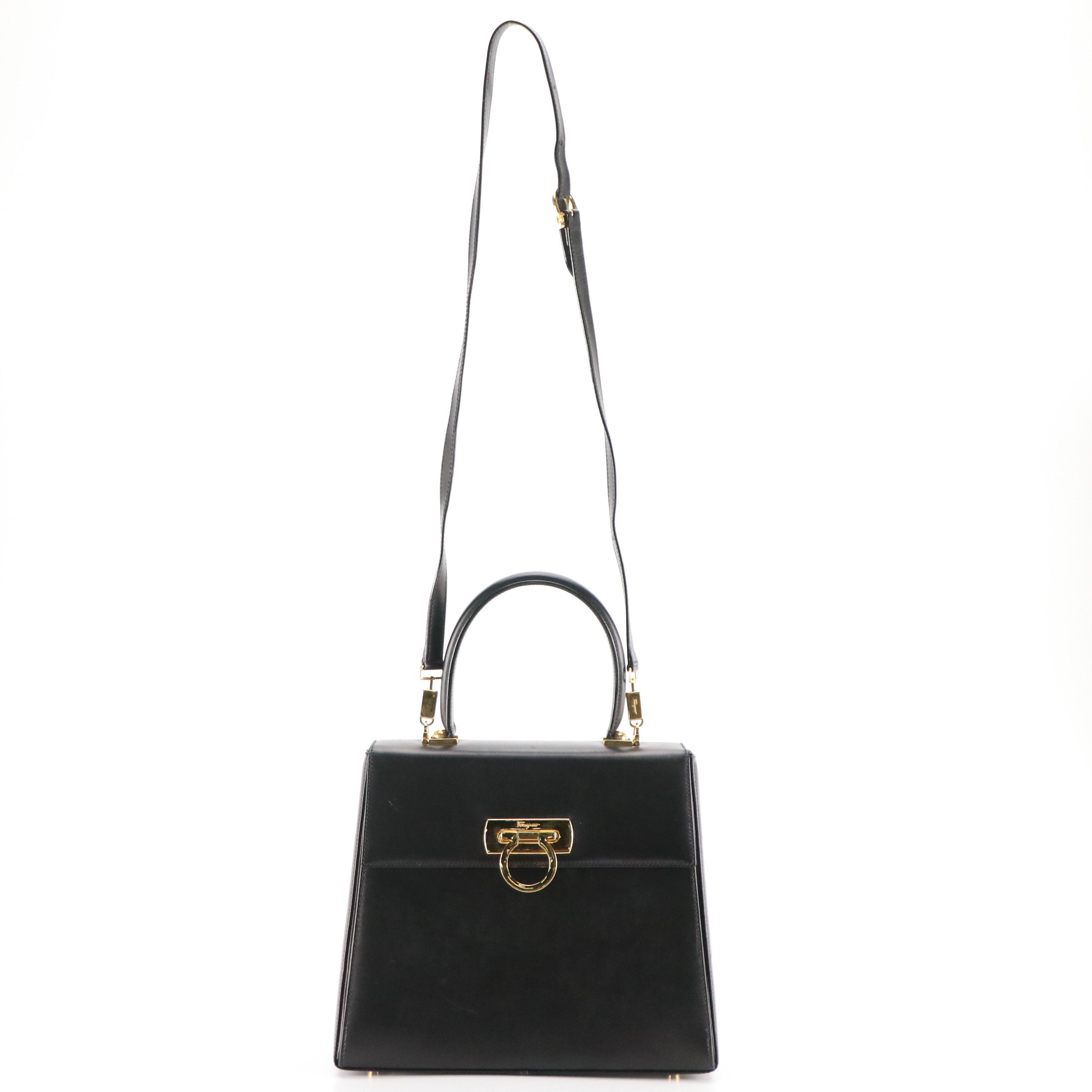 Salvatore Ferragamo Gancini Flap Structured Two-Way Bag in Black Calf Leather