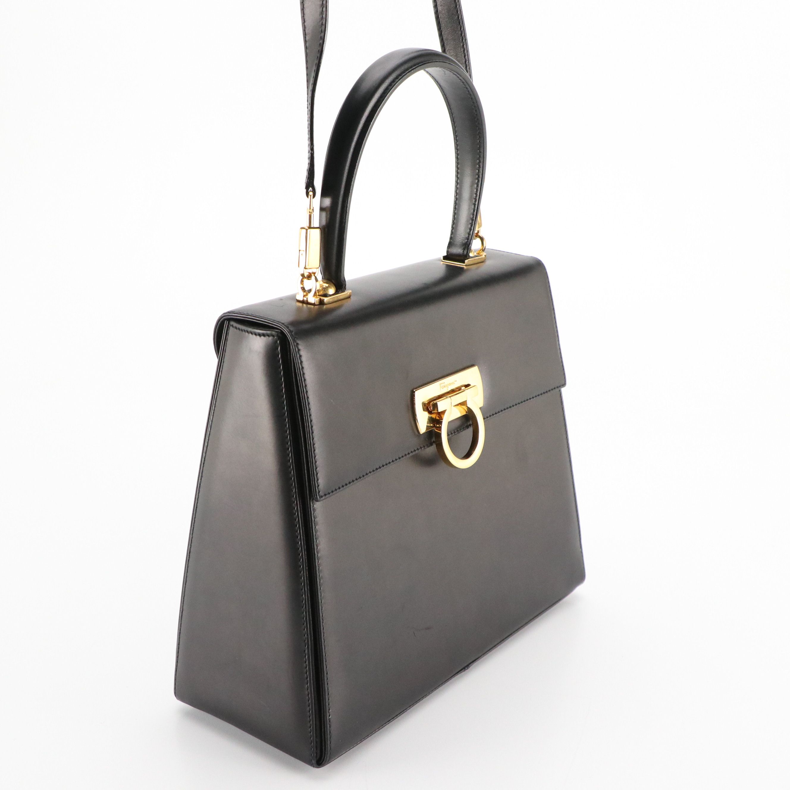 Salvatore Ferragamo Gancini Flap Structured Two-Way Bag in Black Calf Leather