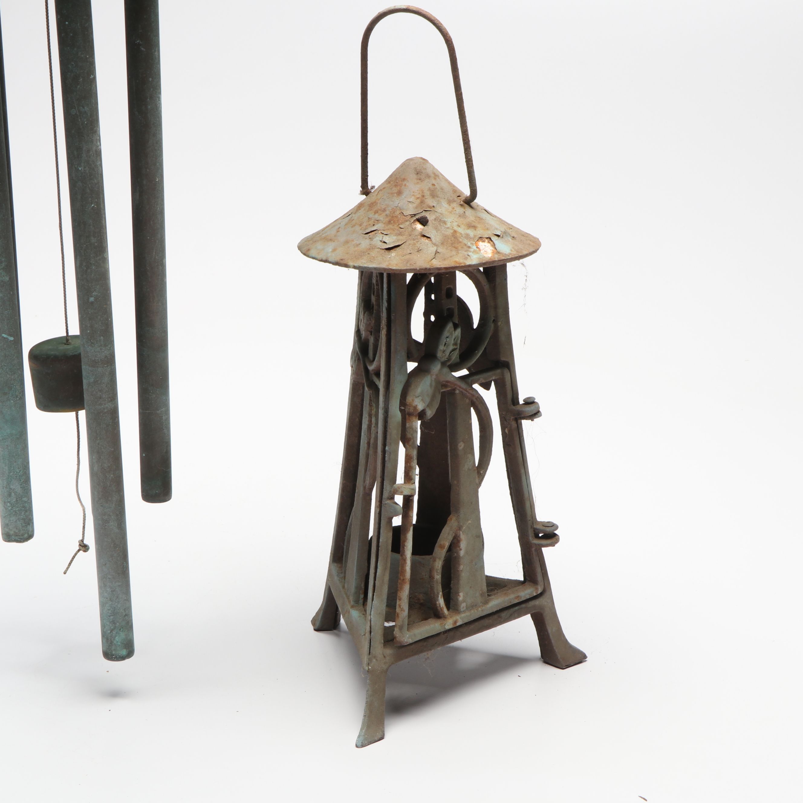 Harmony Hollow and Other Patinated Metal Wind Chimes with Lantern