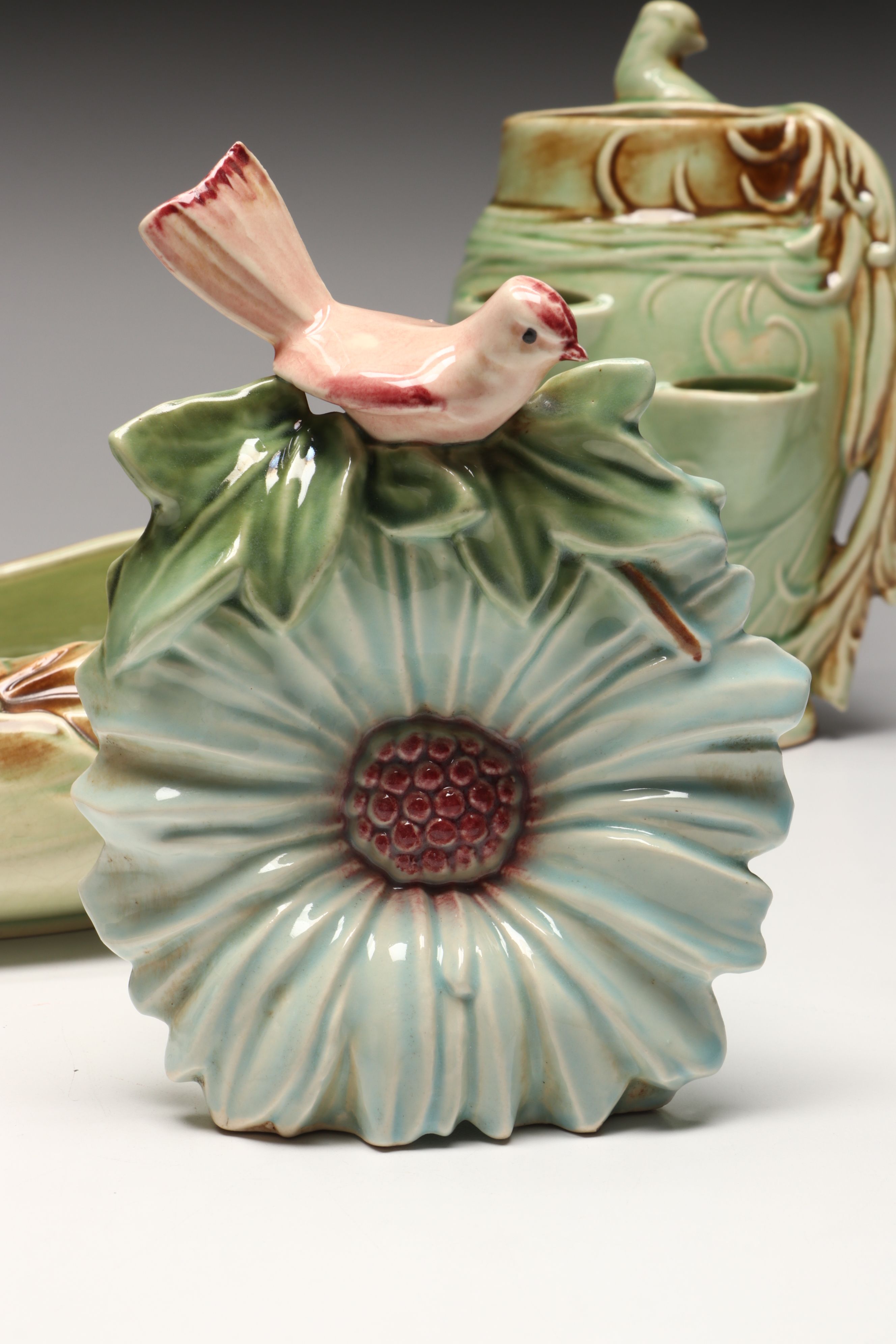 McCoy Bird On Flower Wall Pocket with More Vintage McCoy Vases and Planters