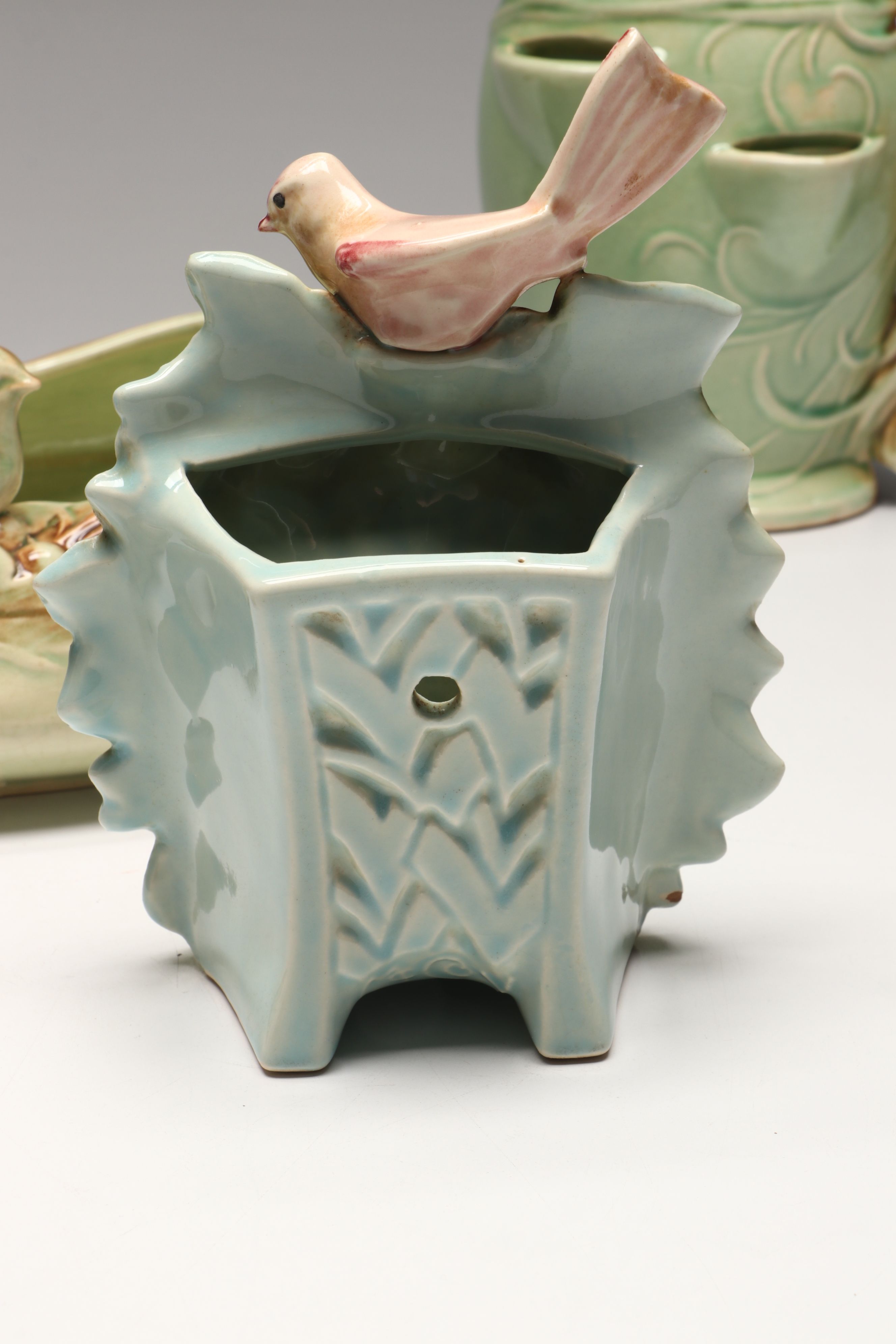 McCoy Bird On Flower Wall Pocket with More Vintage McCoy Vases and Planters