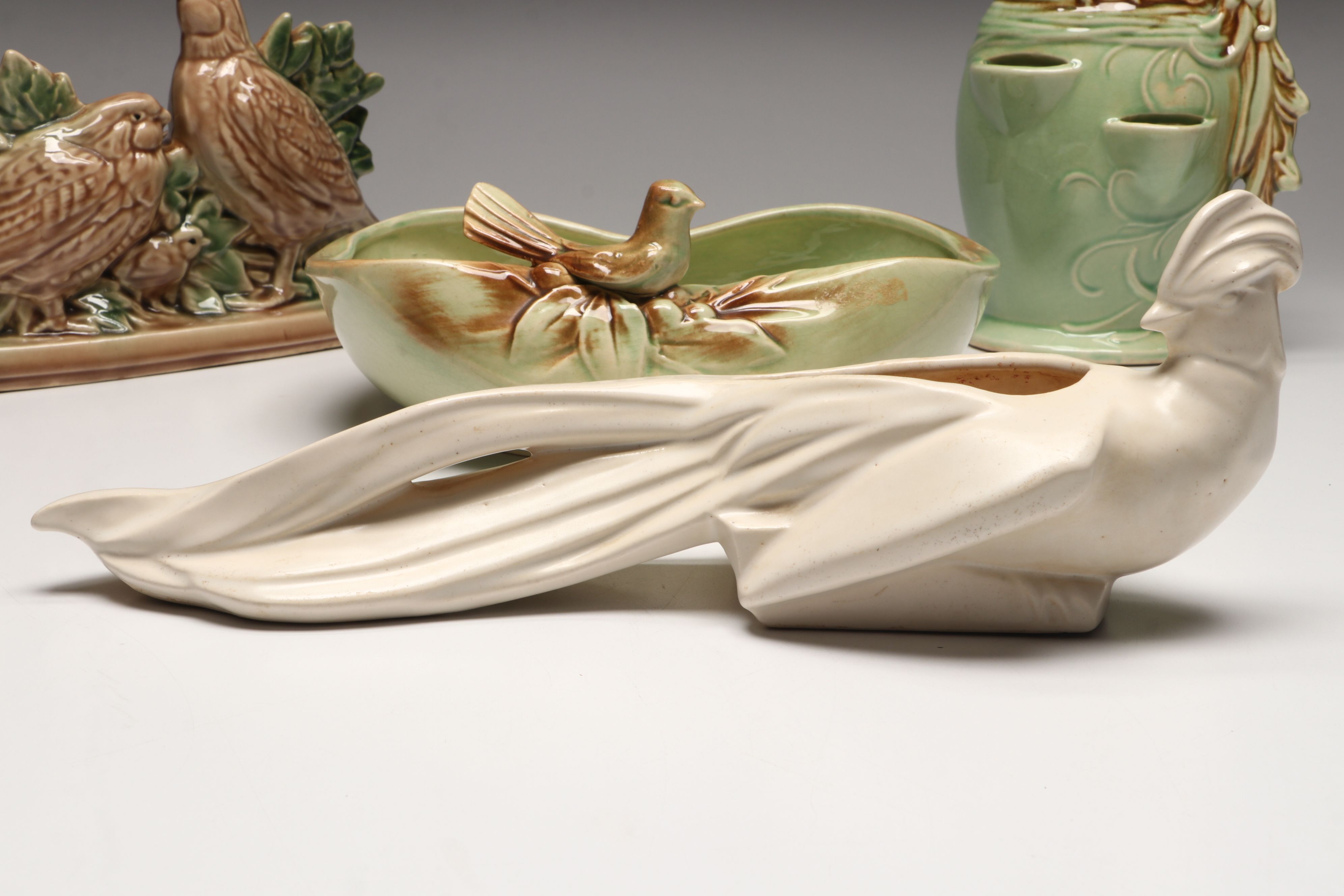 McCoy Bird On Flower Wall Pocket with More Vintage McCoy Vases and Planters