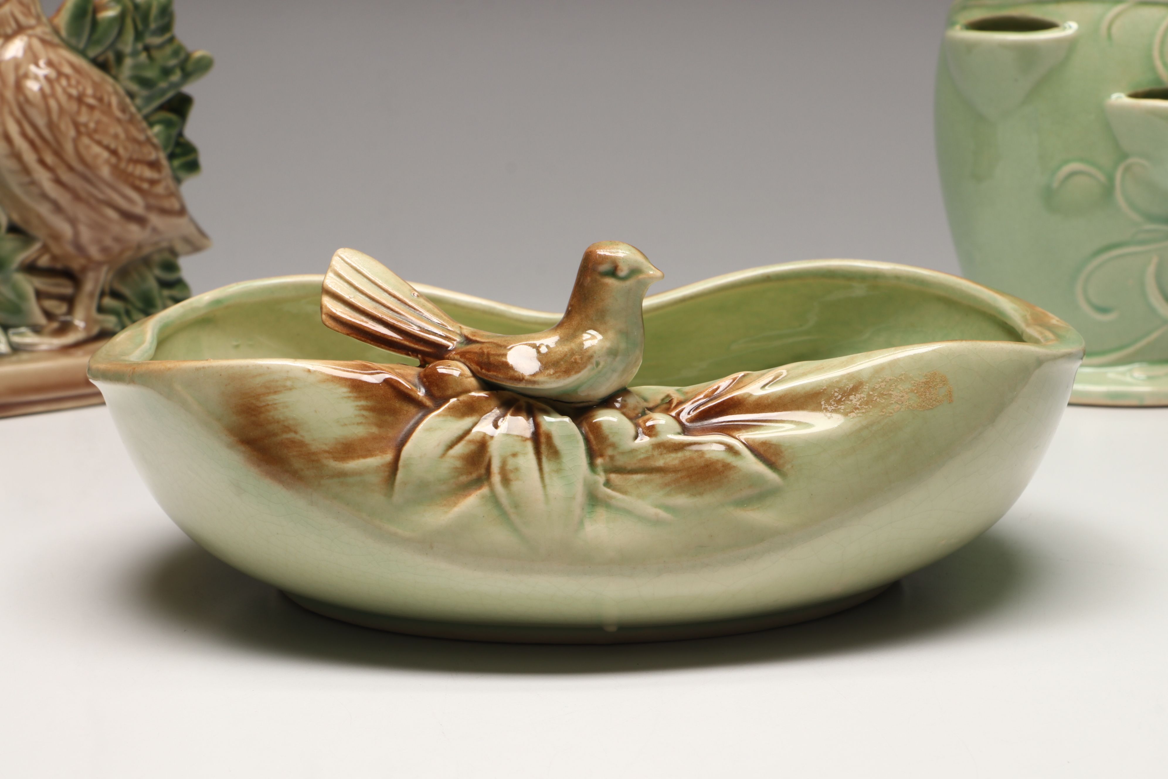 McCoy Bird On Flower Wall Pocket with More Vintage McCoy Vases and Planters