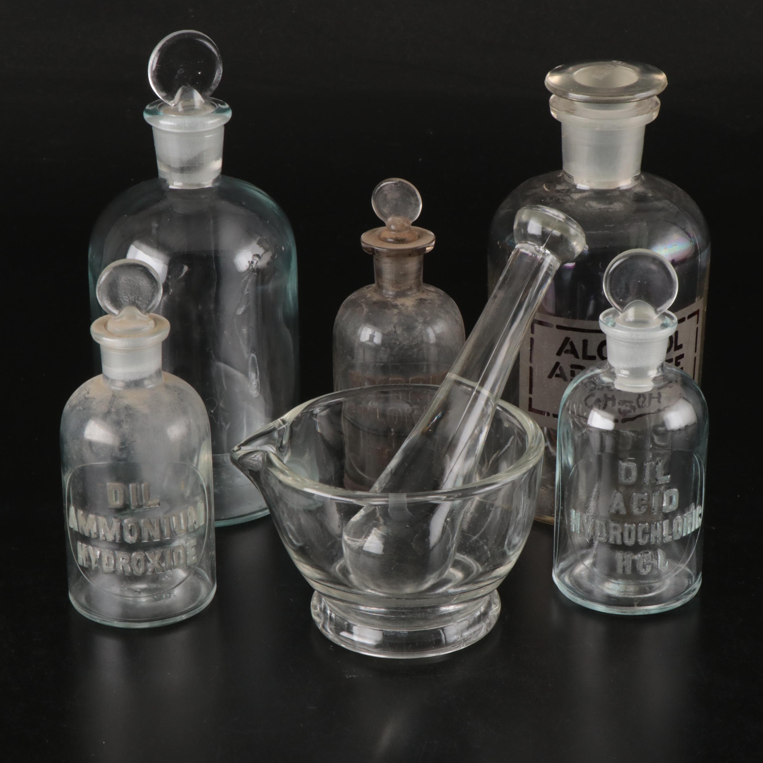 TCW & Co. and Other Laboratory Bottles, with Glass Mortar & Pestle