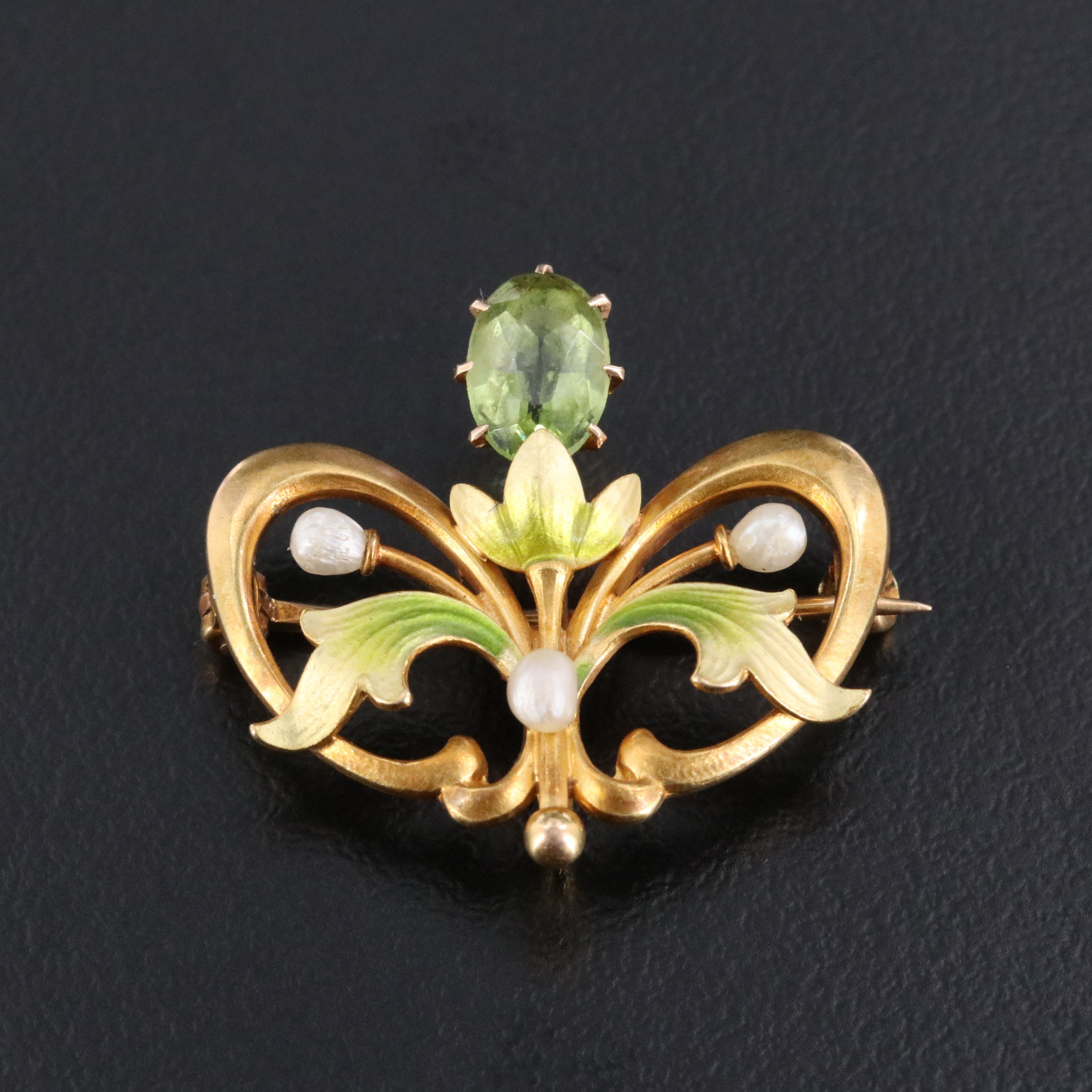 Art Nouveau 14K Peridot, Seed Pearl, and Enamel Floral Converter Brooch