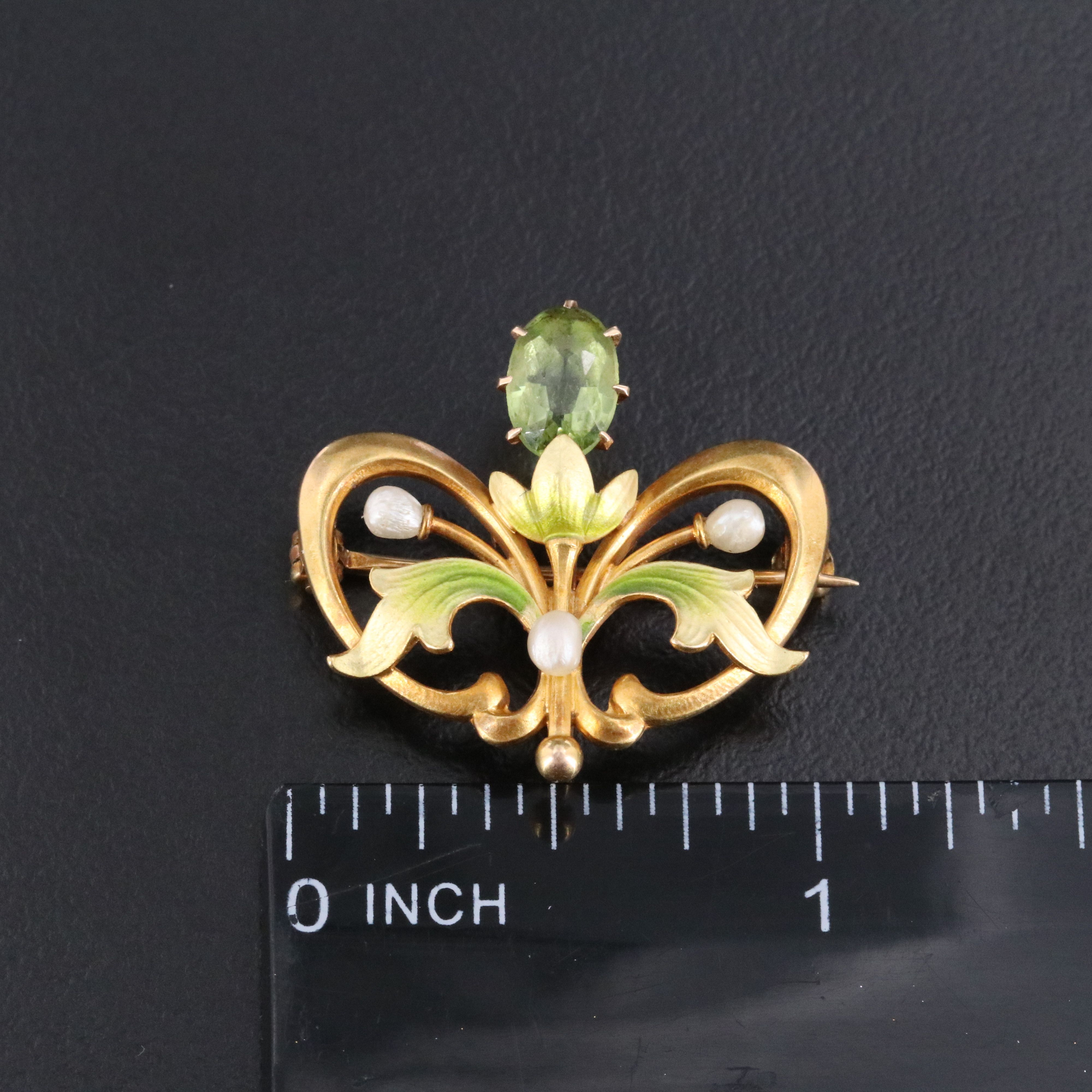 Art Nouveau 14K Peridot, Seed Pearl, and Enamel Floral Converter Brooch
