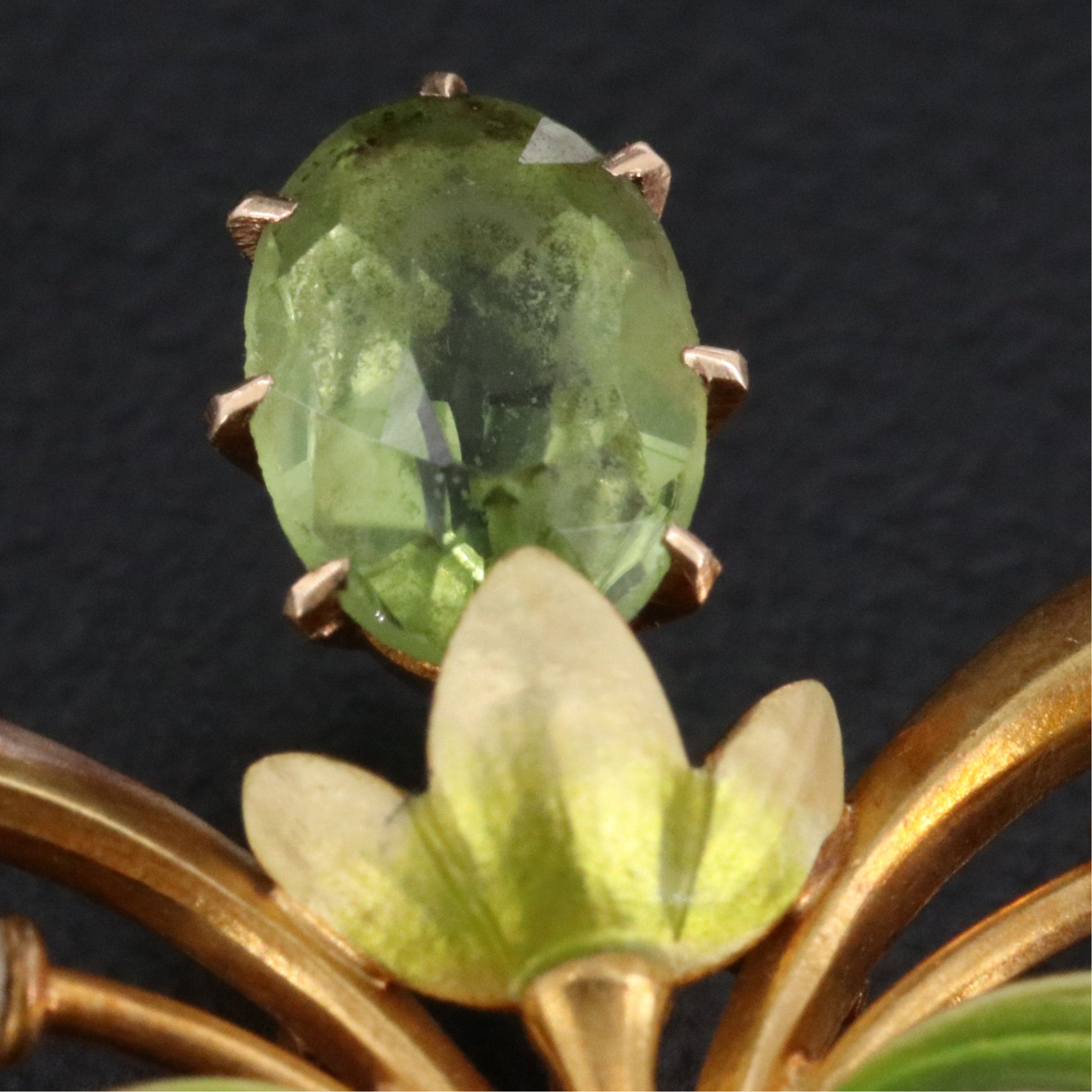 Art Nouveau 14K Peridot, Seed Pearl, and Enamel Floral Converter Brooch