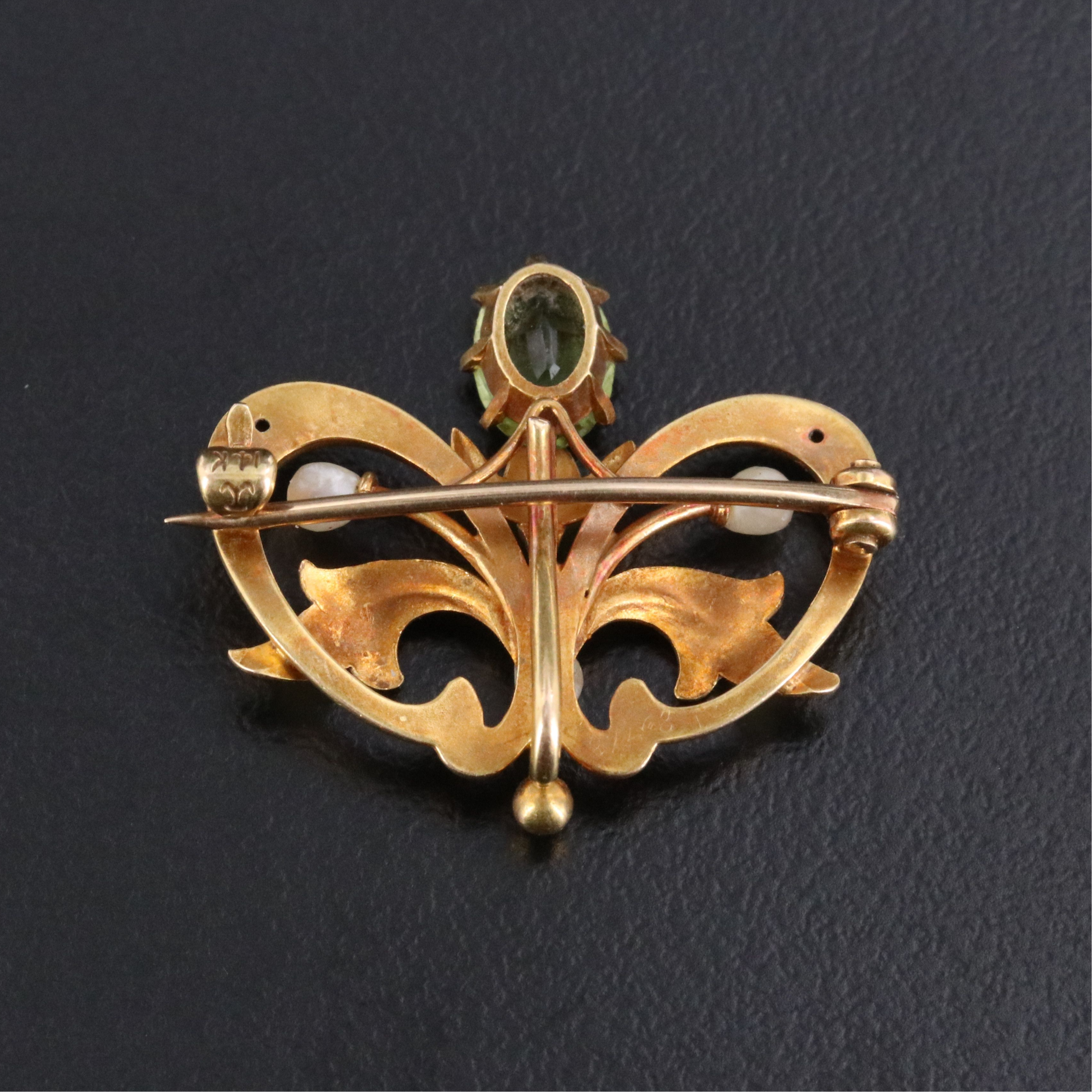 Art Nouveau 14K Peridot, Seed Pearl, and Enamel Floral Converter Brooch