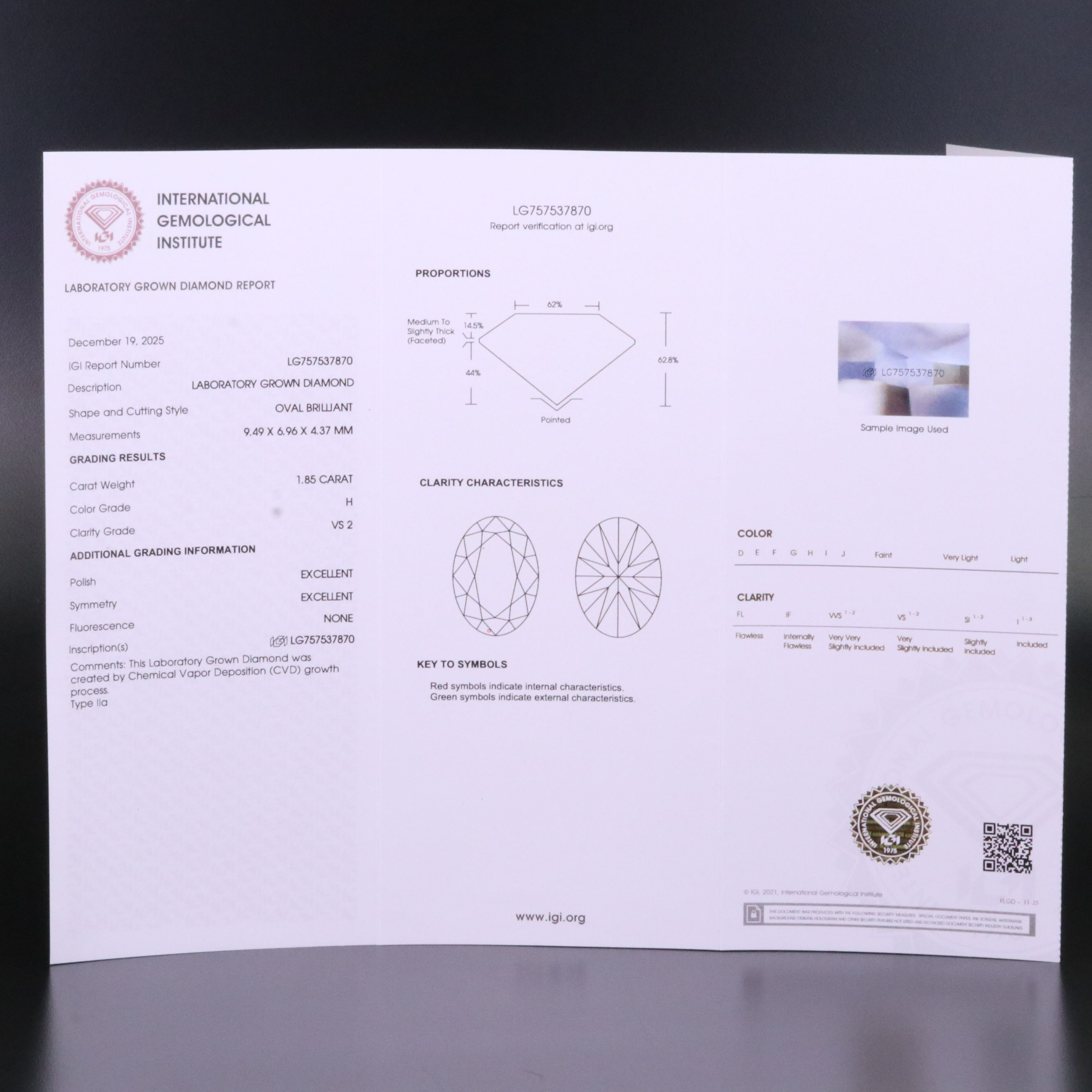 Loose 1.85 CT Lab Grown Diamond with IGI Report