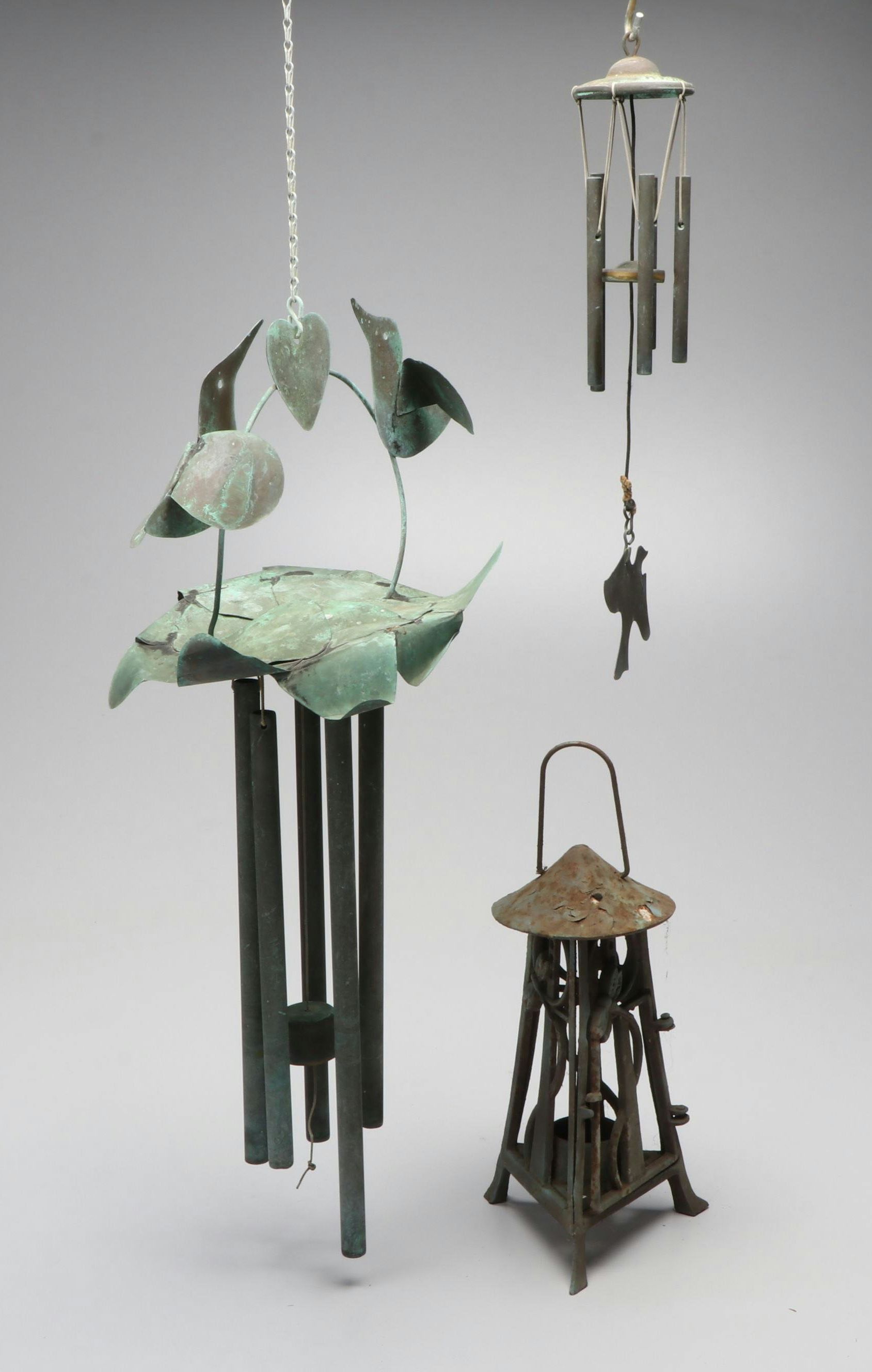 Harmony Hollow and Other Patinated Metal Wind Chimes with Lantern
