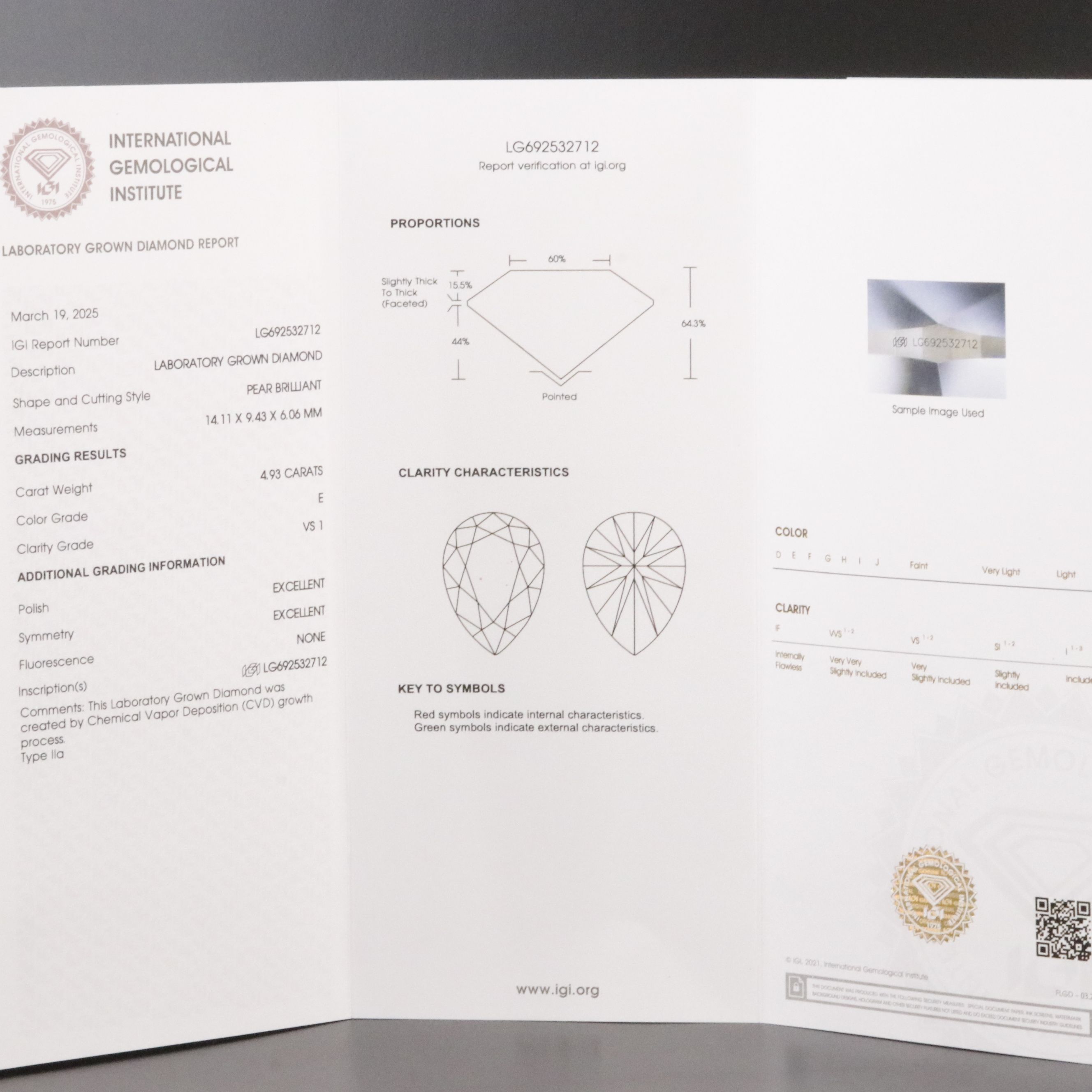 Loose 4.93 CT Lab Grown Diamond with IGI Report