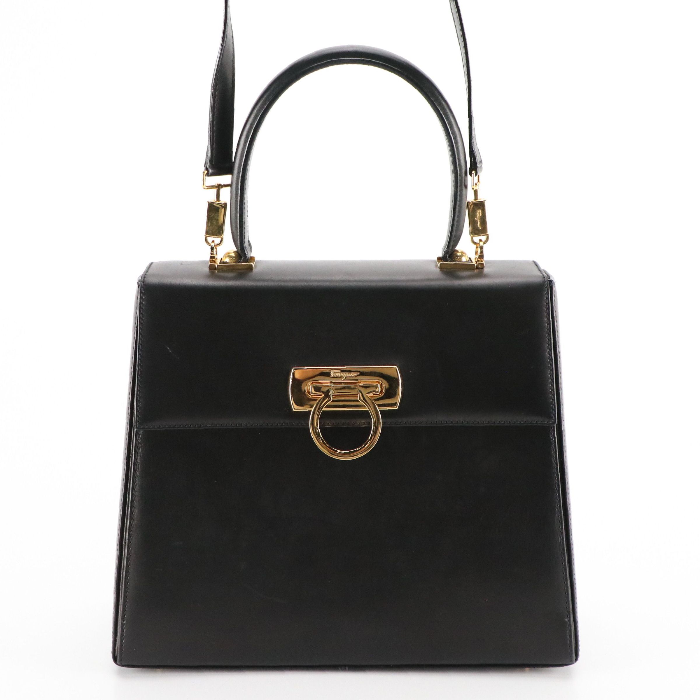 Salvatore Ferragamo Gancini Flap Structured Two-Way Bag in Black Calf Leather