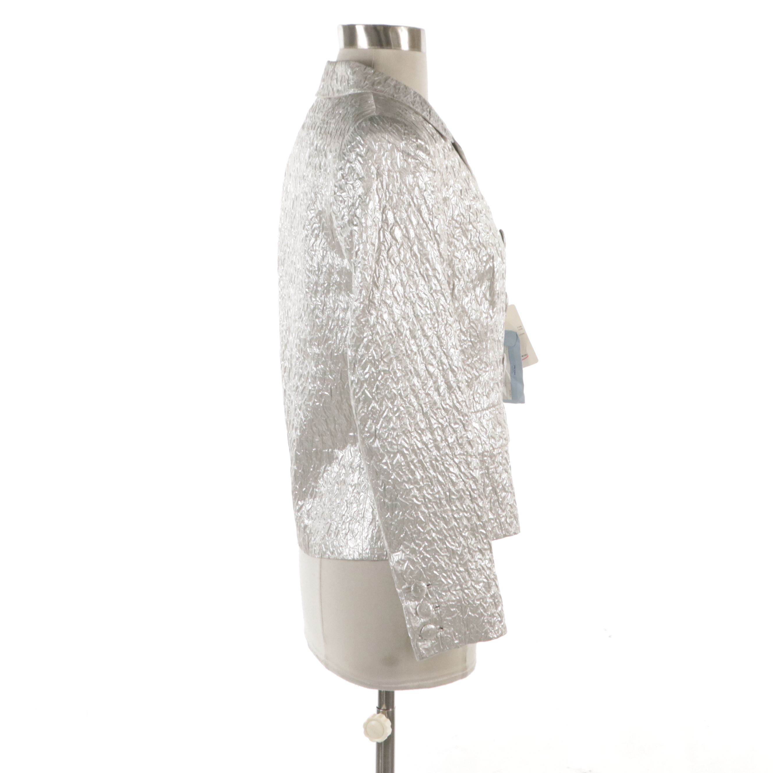 Prada Double-Breasted Blazer in Metallic Silver Crinkled Silk, With Tags